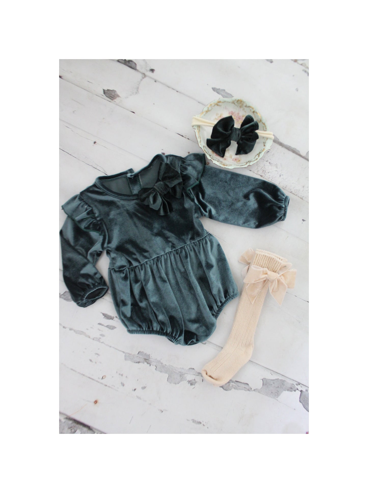 Christmas Holiday Green Velvet Long Sleeve Romper with Velvet Bow Clip, Velvet Bow Headband, & Over the Knee Velvet Bow Socks Thanksgiving