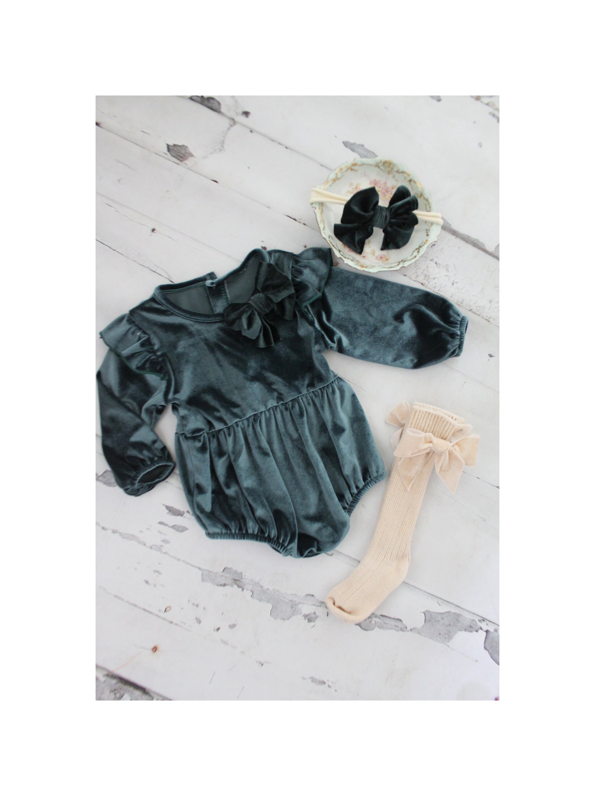 Christmas Holiday Green Velvet Long Sleeve Romper with Velvet Bow Clip, Velvet Bow Headband, & Over the Knee Velvet Bow Socks Thanksgiving