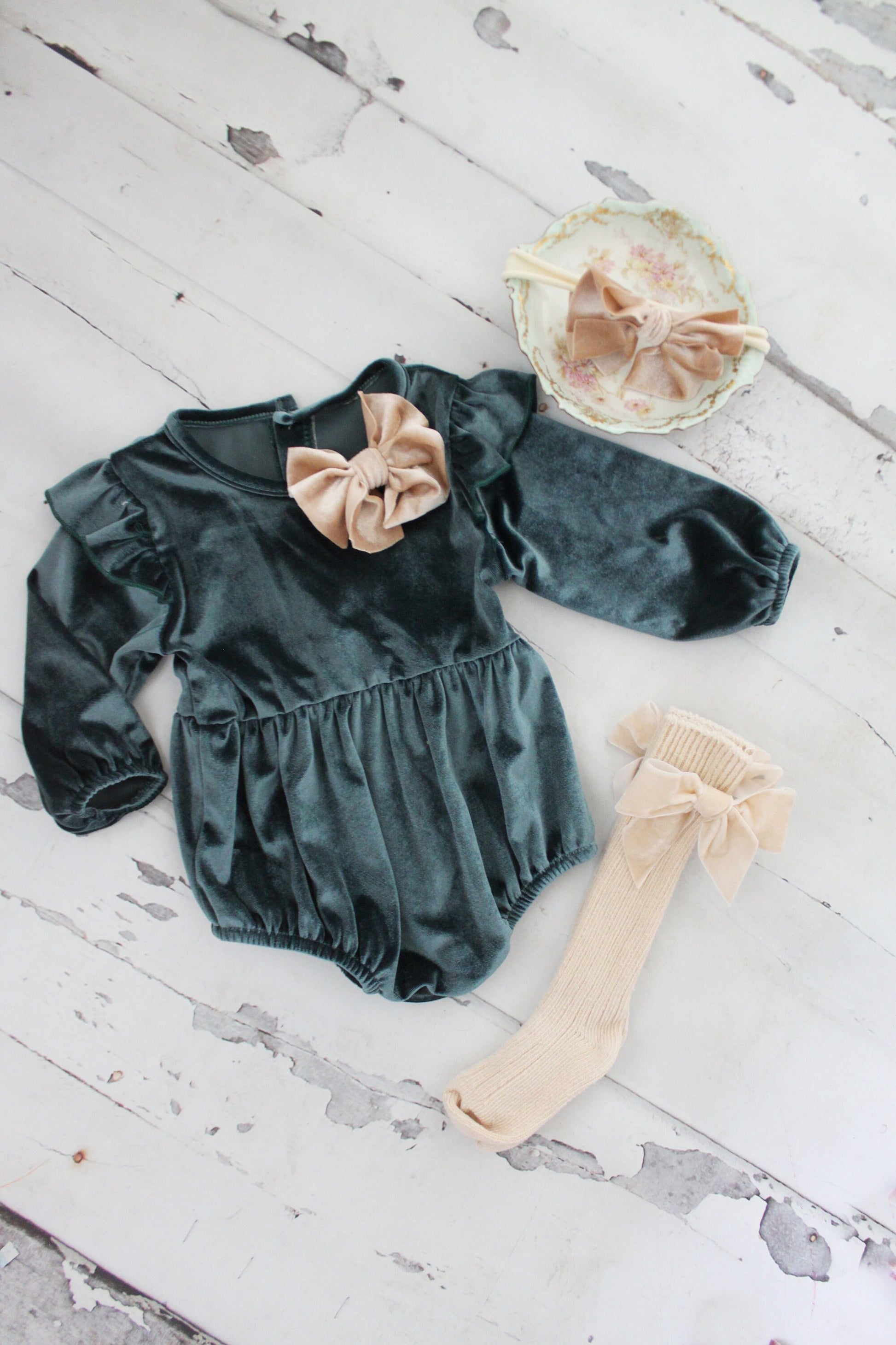 Thanksgiving Velvet Romper. Baby Girl Boho Chic Blueish Green Velvet Holiday Outfit. Flower Girl, Baby Girl 1st Birthday, Coming Home Outfit