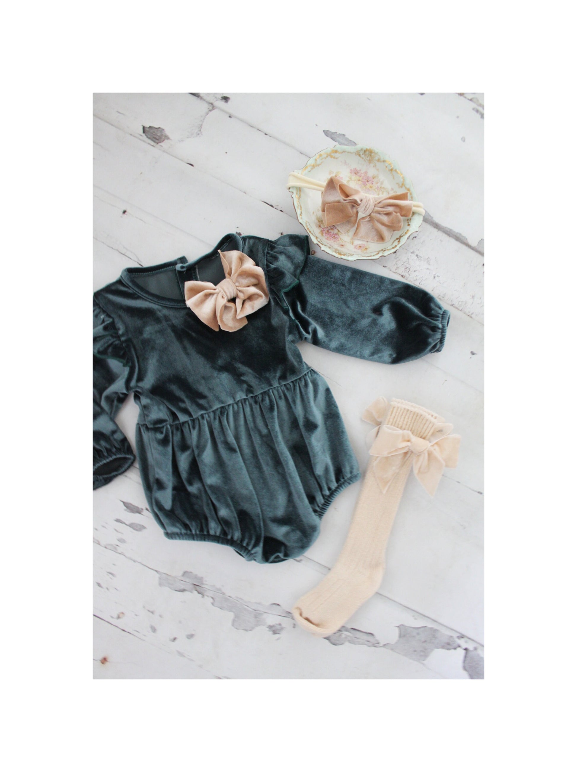 Thanksgiving Velvet Romper. Baby Girl Boho Chic Blueish Green Velvet Holiday Outfit. Flower Girl, Baby Girl 1st Birthday, Coming Home Outfit