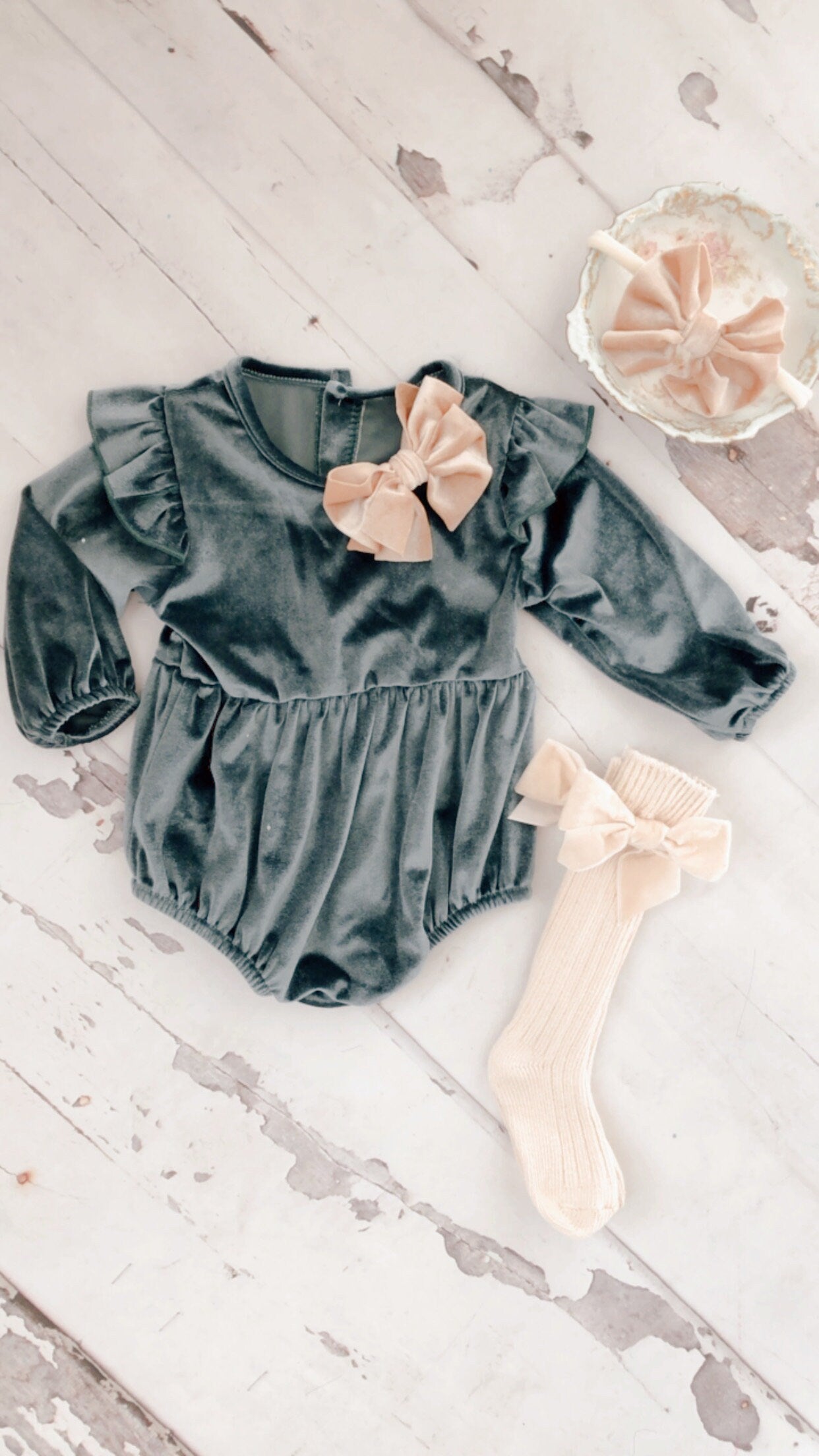 Christmas Velvet Romper. Baby Girl Boho Chic Blueish Green Velvet Holiday Outfit. Flower Girl, Baby Girl 1st Birthday, Coming Home Outfit