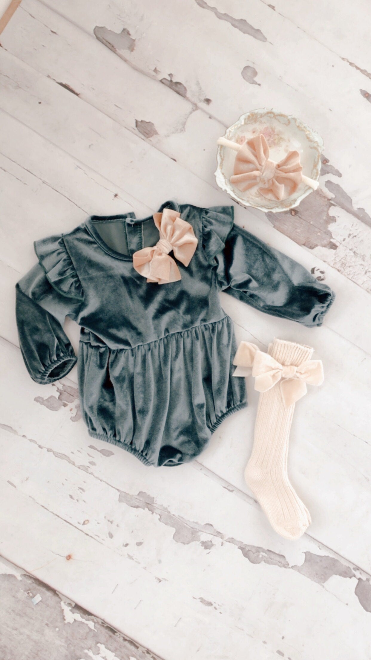 Christmas Velvet Romper. Baby Girl Boho Chic Blueish Green Velvet Holiday Outfit. Flower Girl, Baby Girl 1st Birthday, Coming Home Outfit