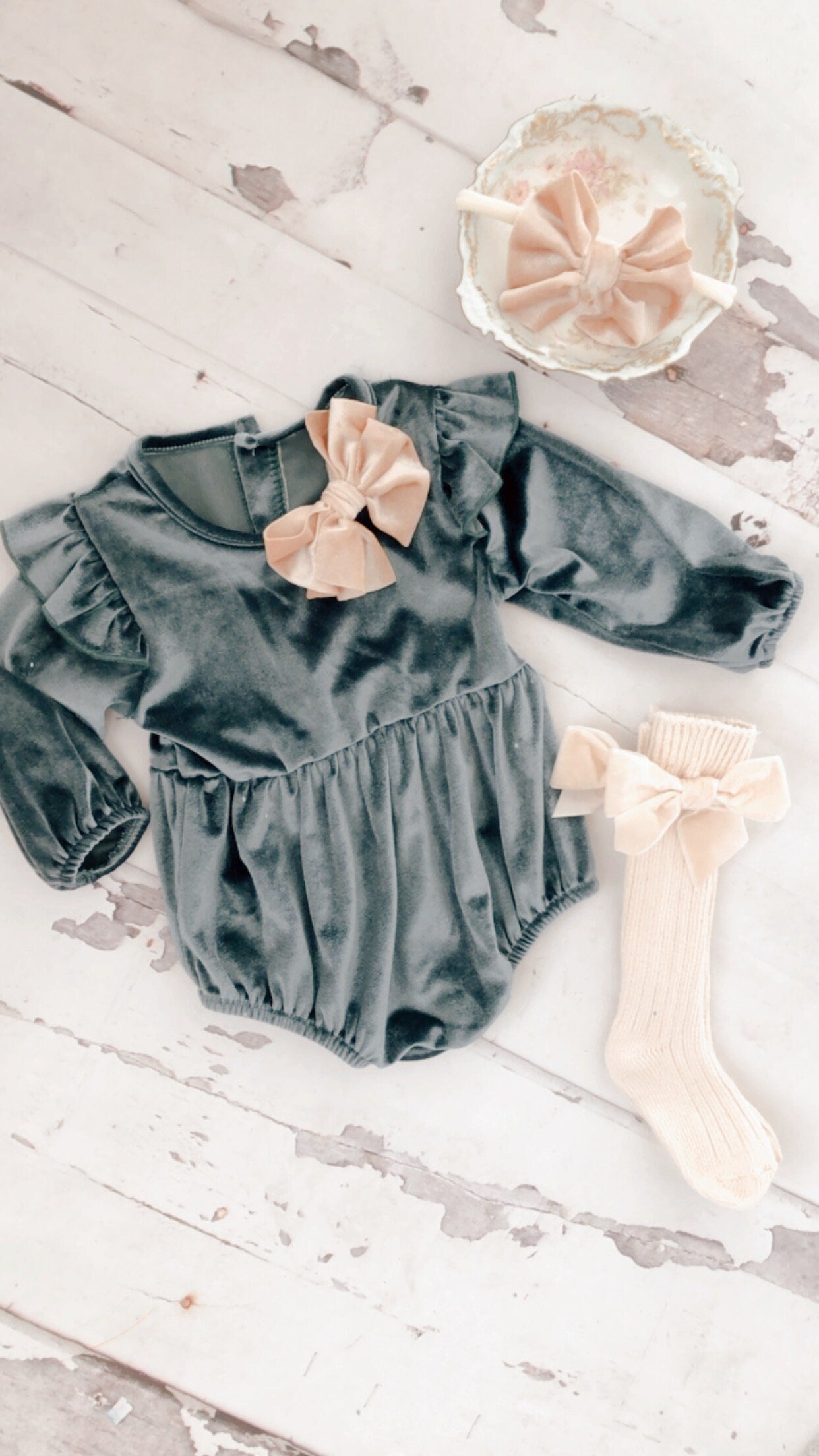 Christmas Velvet Romper. Baby Girl Boho Chic Blueish Green Velvet Holiday Outfit. Flower Girl, Baby Girl 1st Birthday, Coming Home Outfit