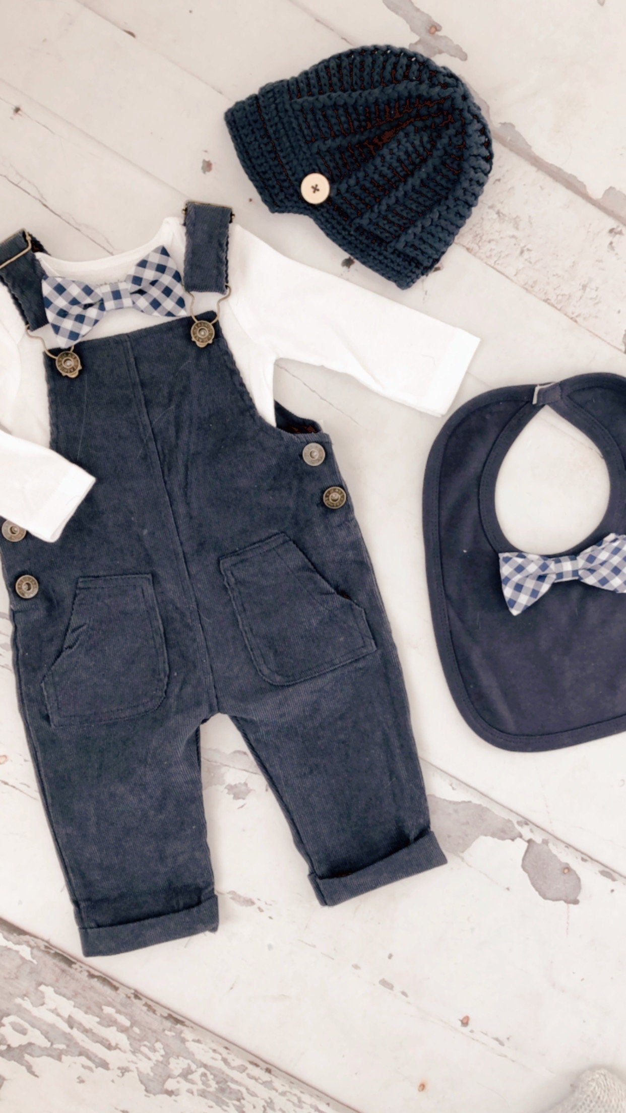 Christmas Holiday Baby Boy Navy Blue Corduroy Overalls with Gingham Bow Tie Bodysuit Baby Boy Coming Home Outfit 1st Birthday Newsboy Hat