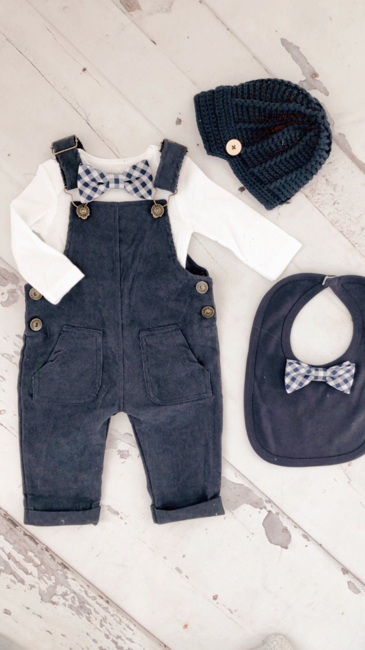 Christmas Holiday Baby Boy Navy Blue Corduroy Overalls with Gingham Bow Tie Bodysuit Baby Boy Coming Home Outfit 1st Birthday Newsboy Hat