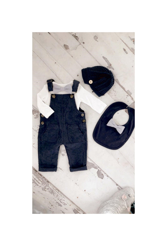 Easter Spring Baby Boy Navy Blue Corduroy Overalls with Seersucker Bow Tie Bodysuit Baby Boy Coming Home Outfit 1st Birthday Newsboy Hat