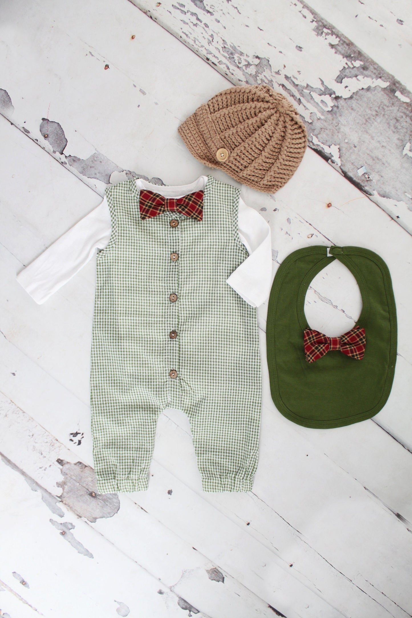 Christmas Holiday Baby Boy Green Gingham Jumpsuit Romper with Bow Tie Bodysuit Baby Boy Coming Home Outfit 1st Birthday Outfit Newsboy Hat