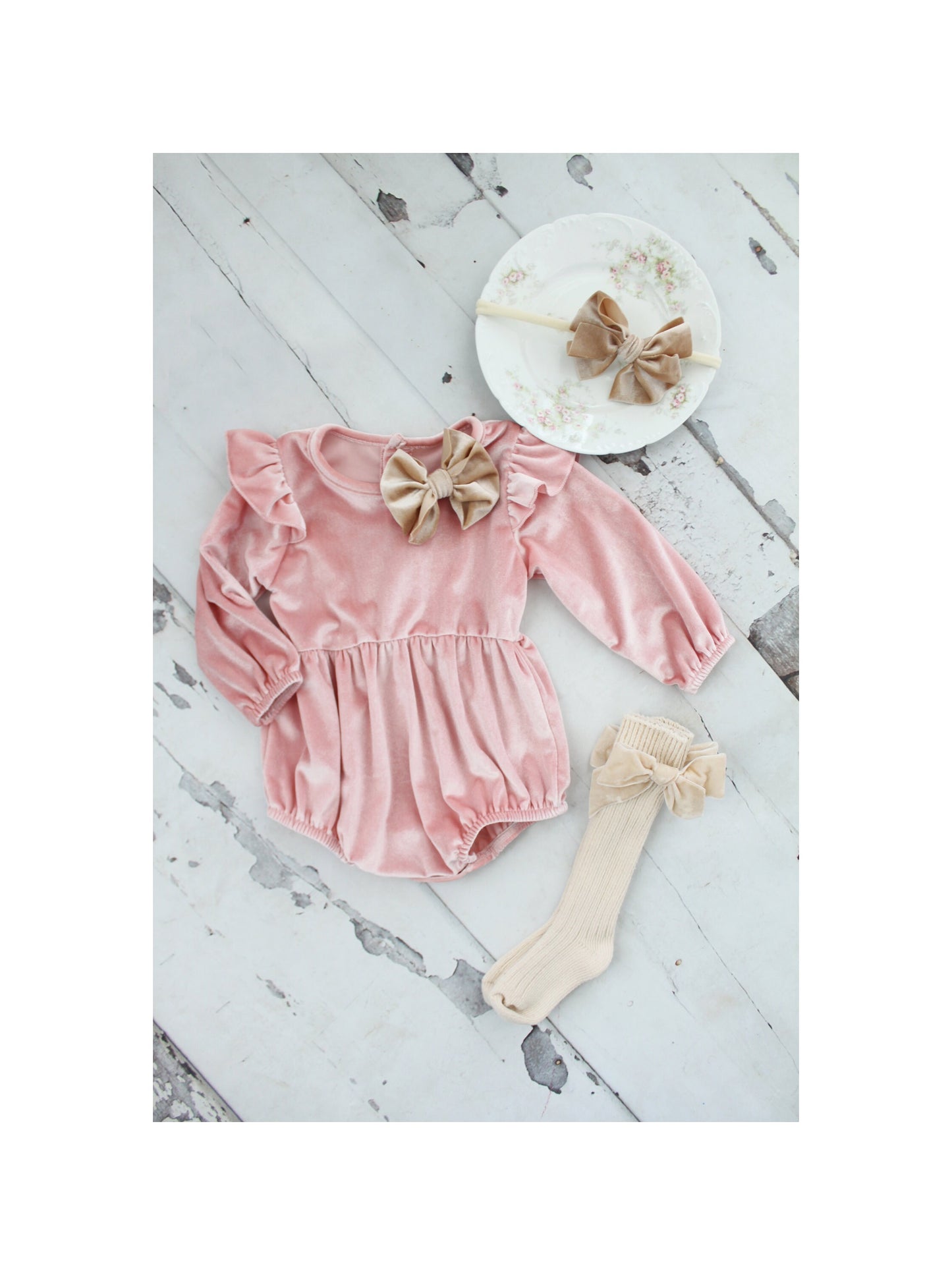 Baby Girl Pink Velvet Romper with Velvet Bow Clip, Headband, & Knee Bow So Christmas Holiday Thanksgiving Fall Outfit, Coming Home Outfit