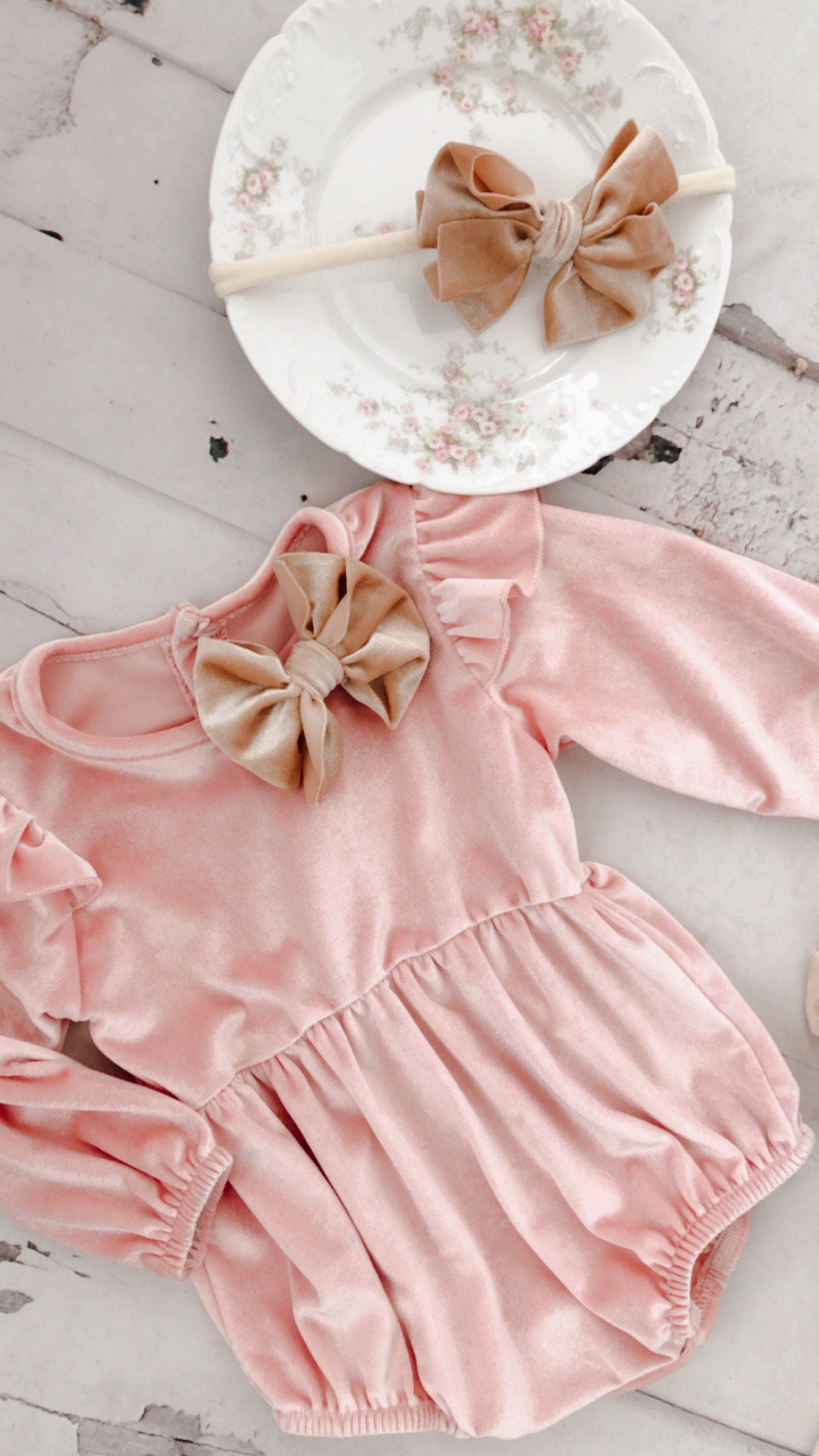 Baby Girl Christmas Holiday Hot Pink Velvet Romper with Velvet Bow Clip, Boho Baby, Thanksgiving Headband & Knee Socks Birthday Coming Home
