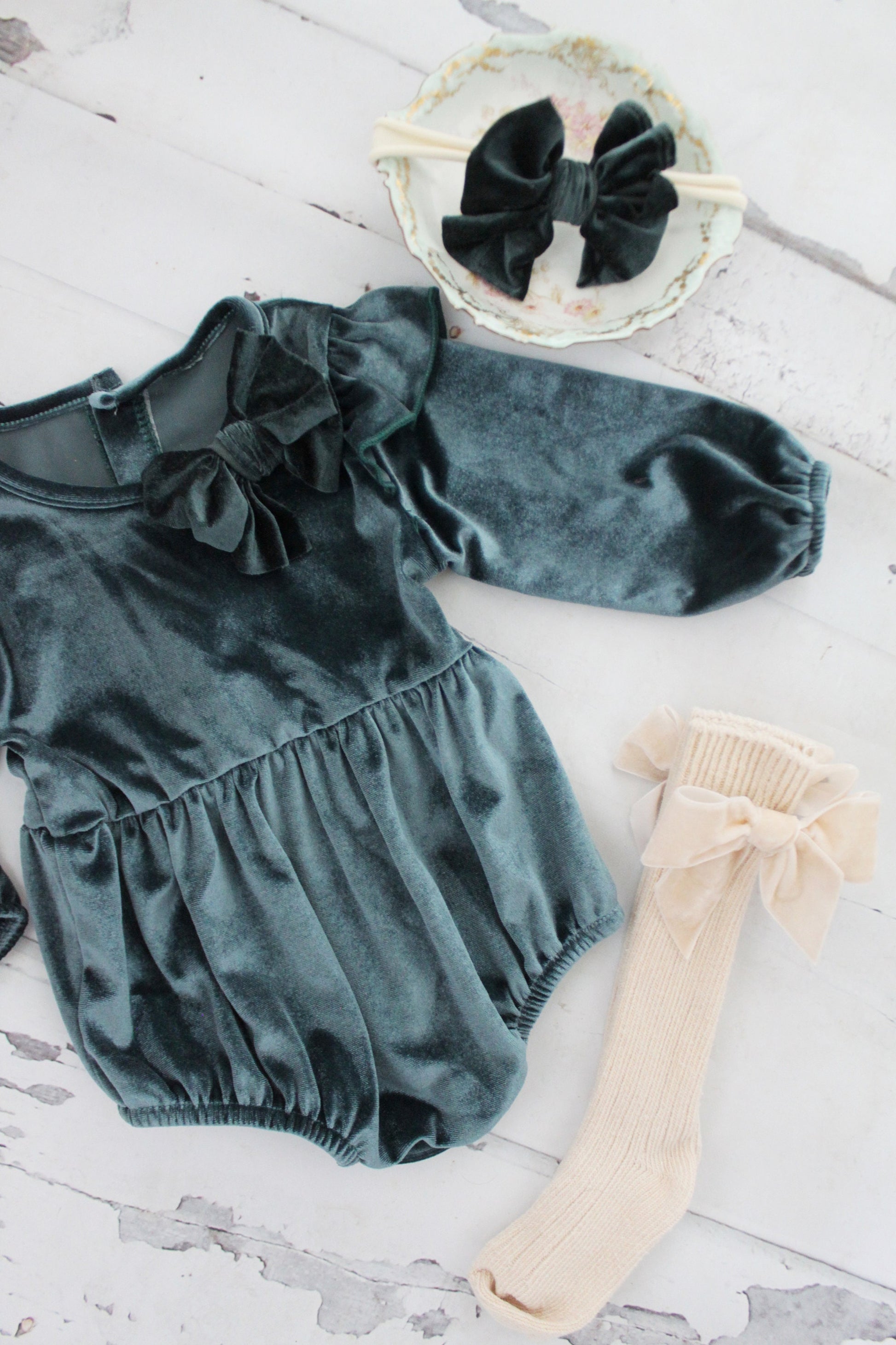 Christmas Holiday Outfit, Boho Green Velvet Romper with Velvet Bow Clip, Headband, & Knee Bow Socks. Thanksgiving Outfit, Coming Home Outfit