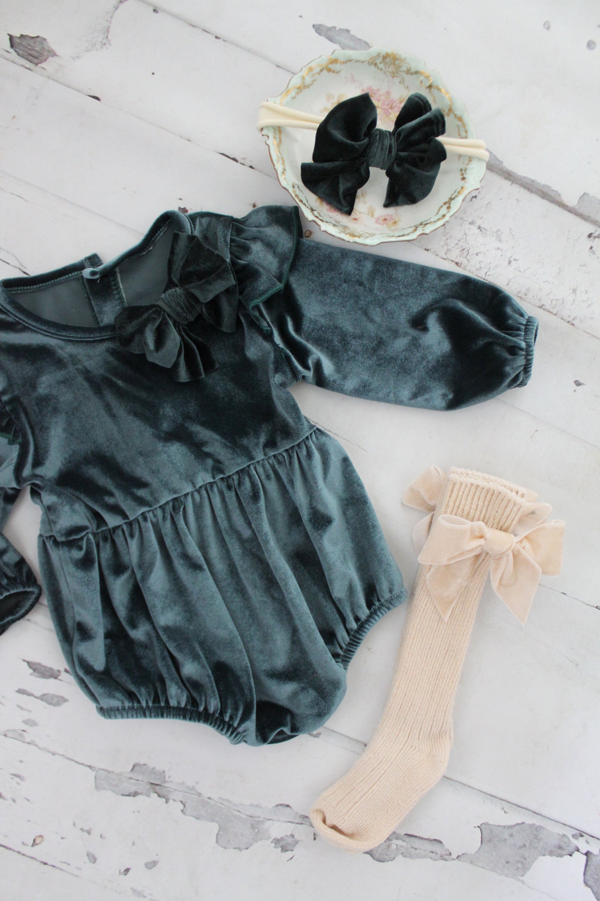 Christmas Holiday Outfit, Boho Green Velvet Romper with Velvet Bow Clip, Headband, & Knee Bow Socks. Thanksgiving Outfit, Coming Home Outfit