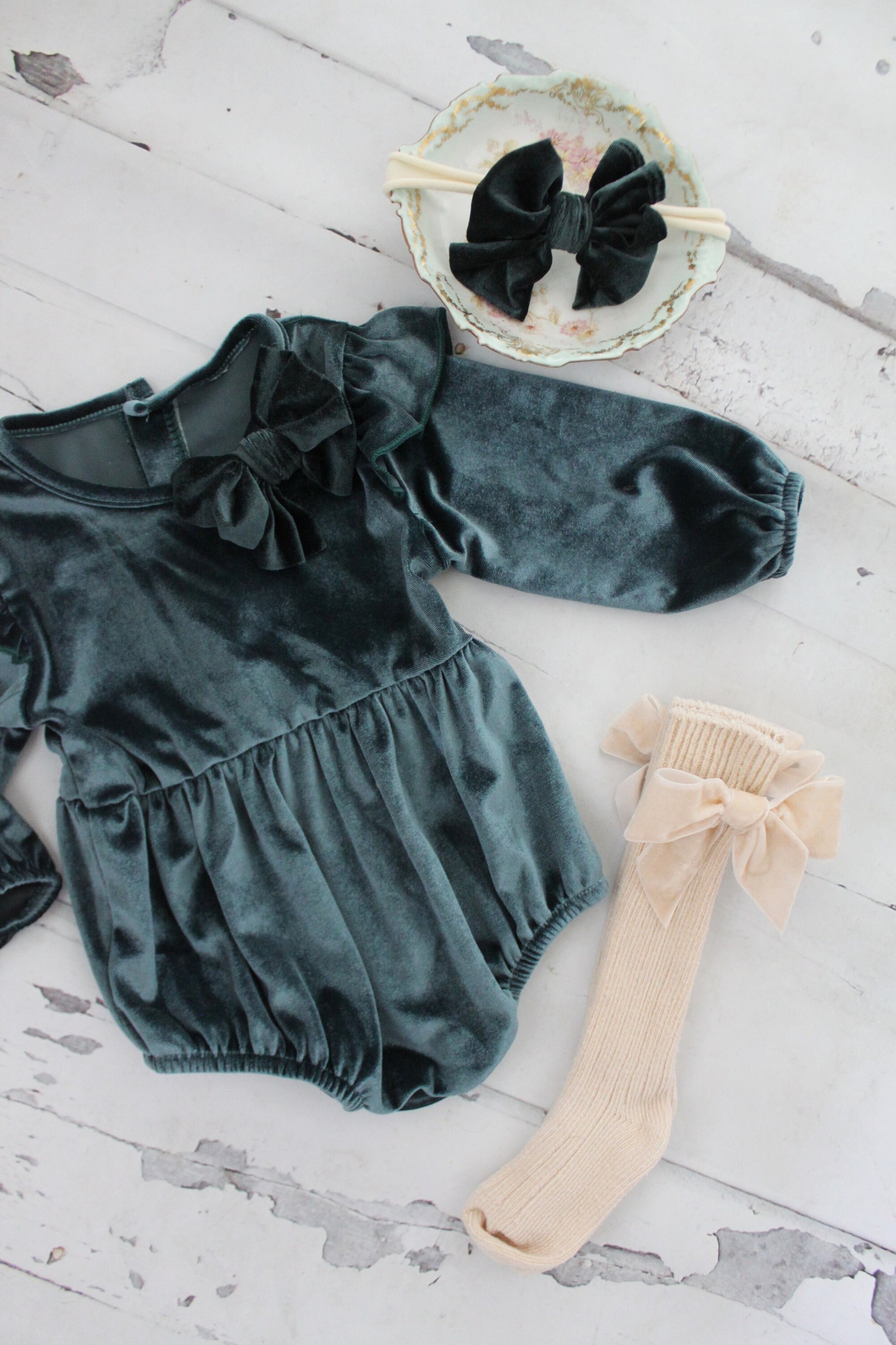 Christmas Holiday Green Velvet Long Sleeve Romper with Velvet Bow Clip, Velvet Bow Headband, & Over the Knee Velvet Bow Socks Thanksgiving