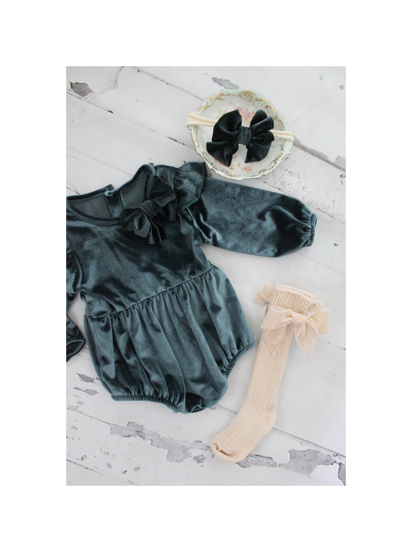 Christmas Holiday Outfit, Boho Green Velvet Romper with Velvet Bow Clip, Headband, & Knee Bow Socks. Thanksgiving Outfit, Coming Home Outfit