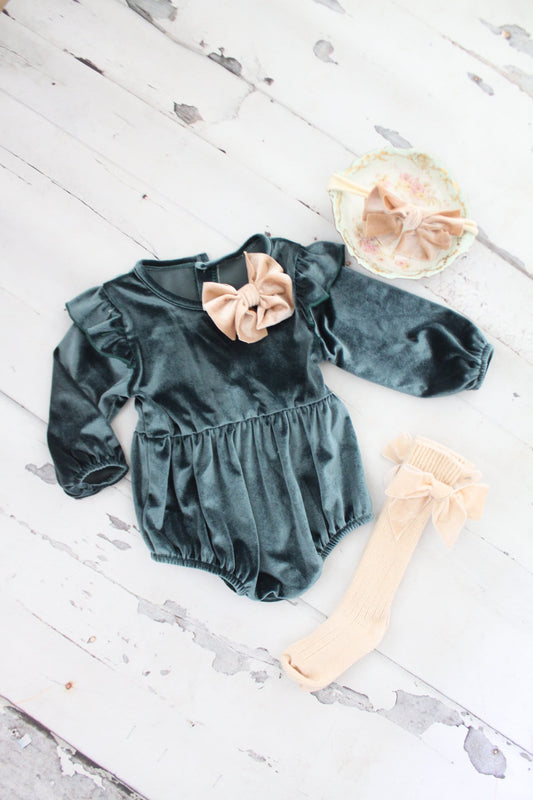 Thanksgiving Velvet Romper. Baby Girl Boho Chic Blueish Green Velvet Holiday Outfit. Flower Girl, Baby Girl 1st Birthday, Coming Home Outfit
