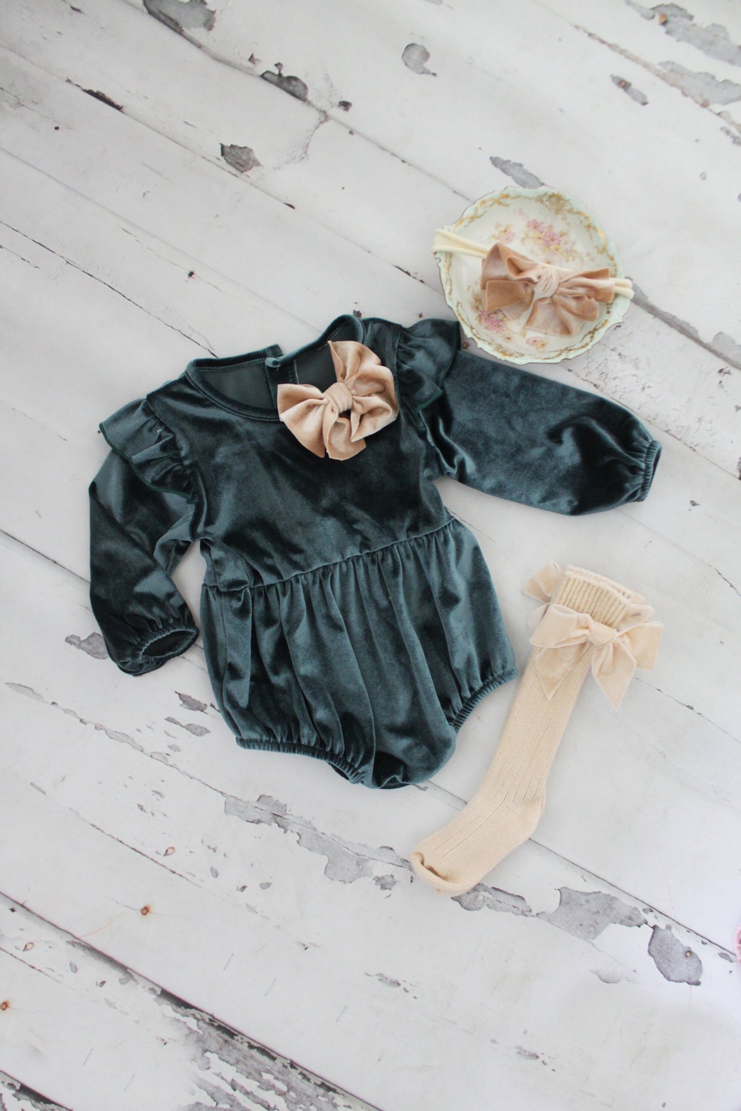 Thanksgiving Velvet Romper. Baby Girl Boho Chic Blueish Green Velvet Holiday Outfit. Flower Girl, Baby Girl 1st Birthday, Coming Home Outfit