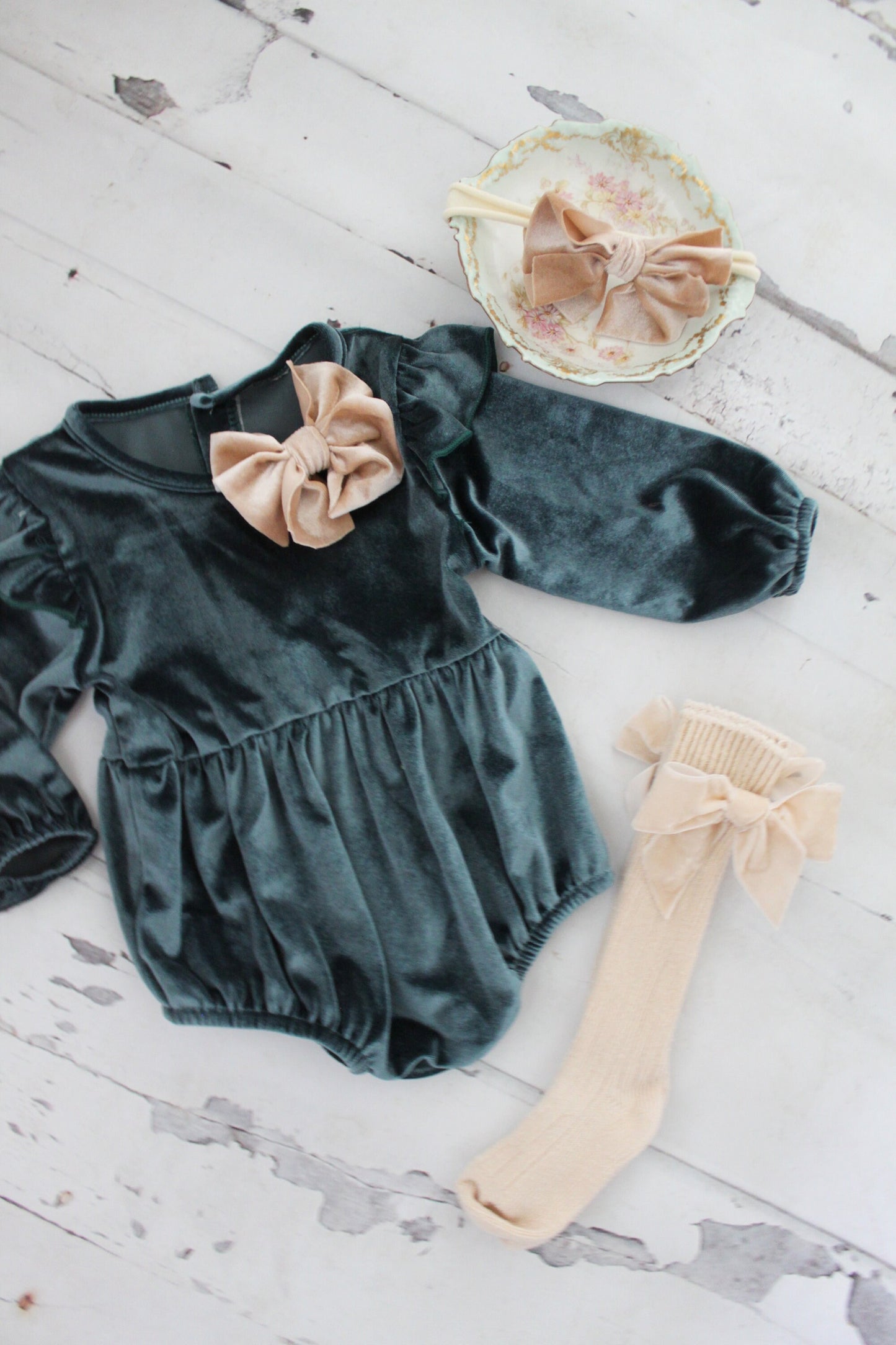 Thanksgiving Velvet Romper. Baby Girl Boho Chic Blueish Green Velvet Holiday Outfit. Flower Girl, Baby Girl 1st Birthday, Coming Home Outfit