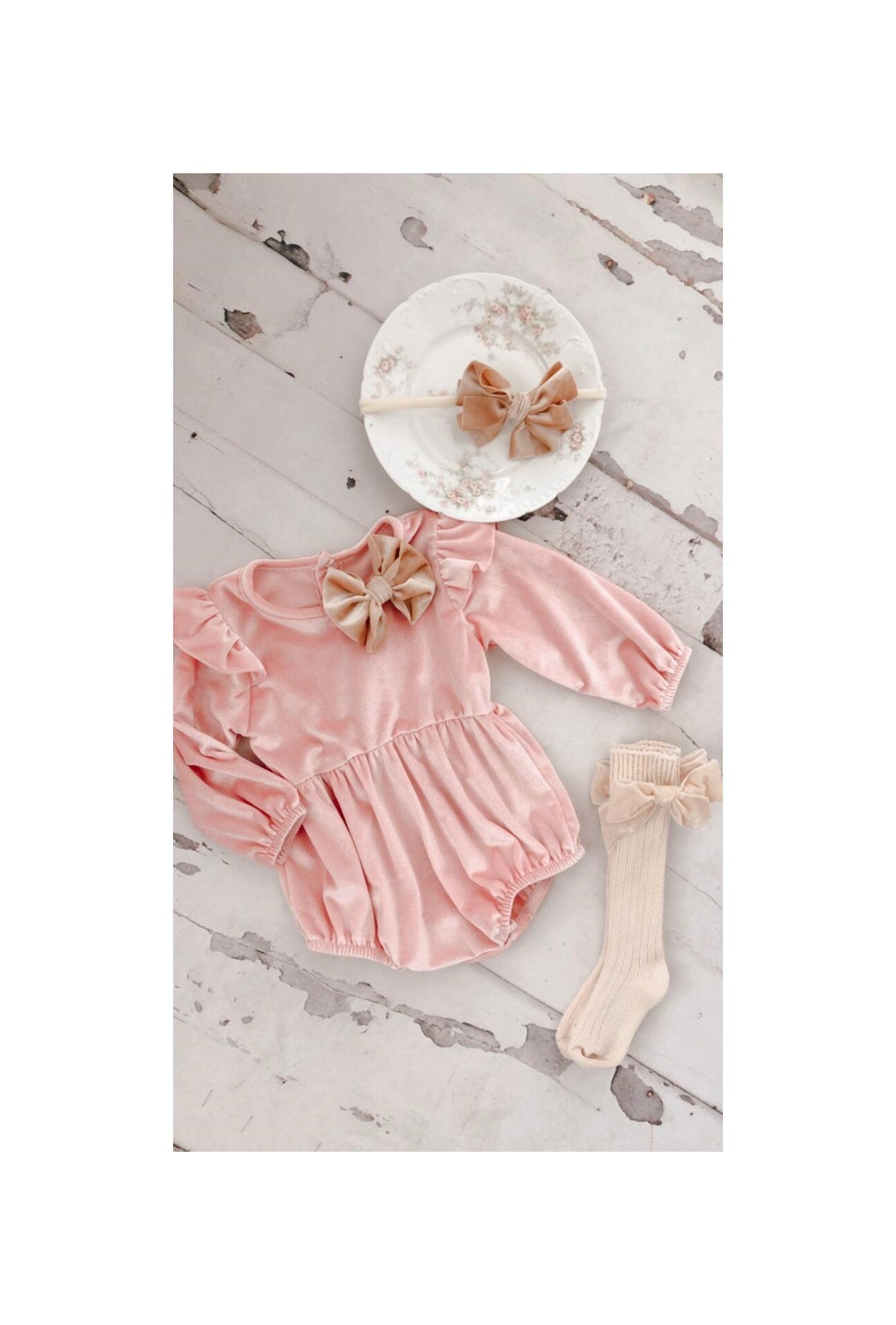 Baby Girl Pink Velvet Romper with Velvet Bow Clip, Headband, & Knee Bow So Christmas Holiday Thanksgiving Fall Outfit, Coming Home Outfit