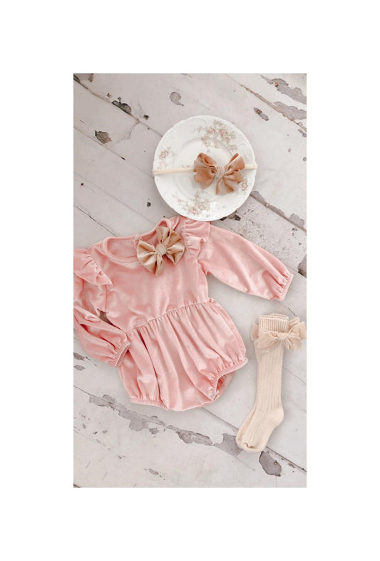 Baby Girl Pink Velvet Romper with Velvet Bow Clip, Headband, & Knee Bow So Christmas Holiday Thanksgiving Fall Outfit, Coming Home Outfit