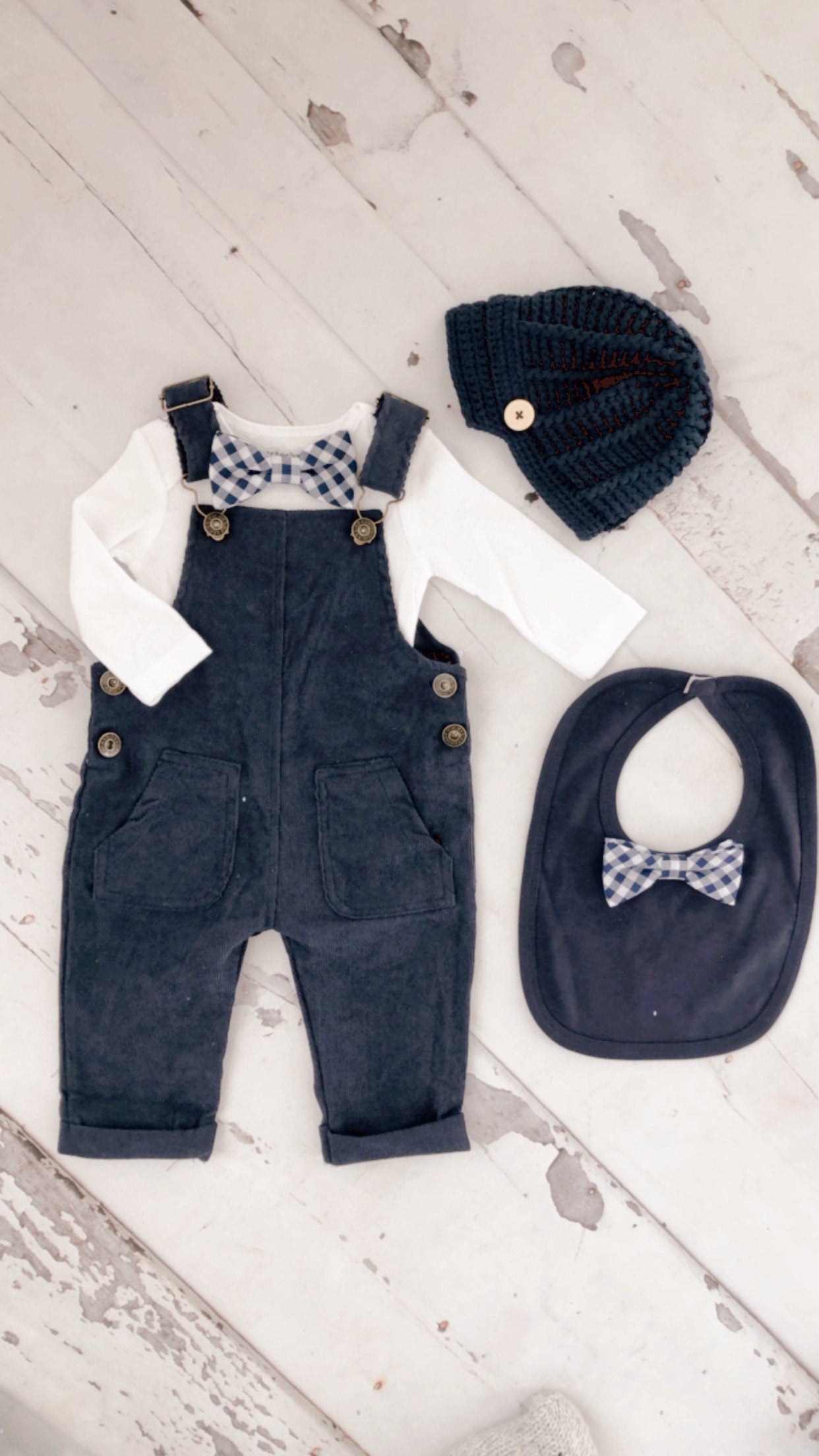 Christmas Holiday Baby Boy Navy Blue Corduroy Overalls with Gingham Bow Tie Bodysuit Baby Boy Coming Home Outfit 1st Birthday Newsboy Hat