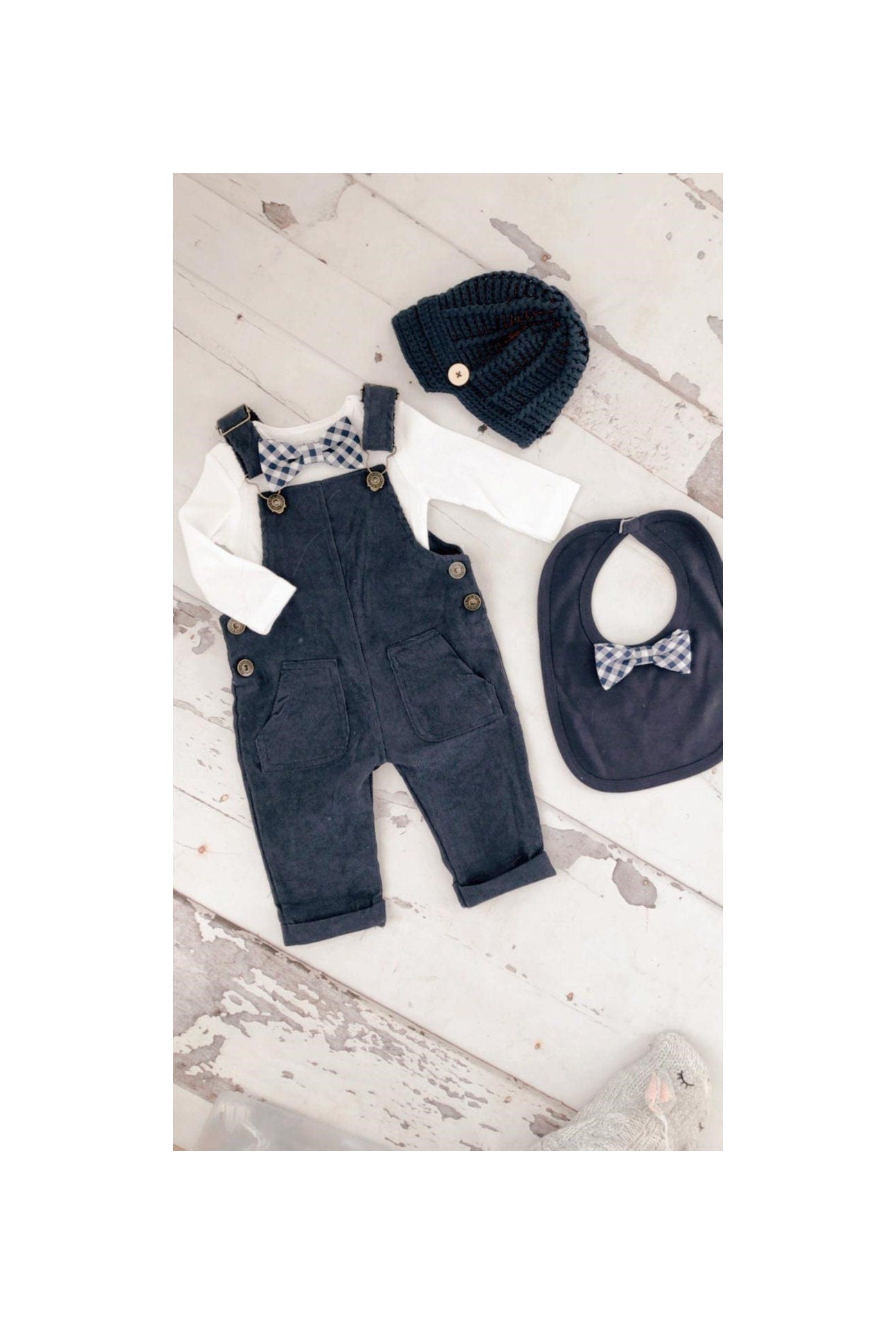 Christmas Holiday Baby Boy Navy Blue Corduroy Overalls with Gingham Bow Tie Bodysuit Baby Boy Coming Home Outfit 1st Birthday Newsboy Hat