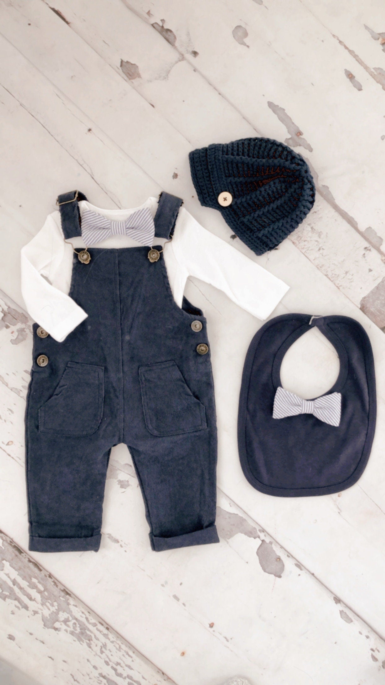 Easter Spring Baby Boy Navy Blue Corduroy Overalls with Seersucker Bow Tie Bodysuit Baby Boy Coming Home Outfit 1st Birthday Newsboy Hat