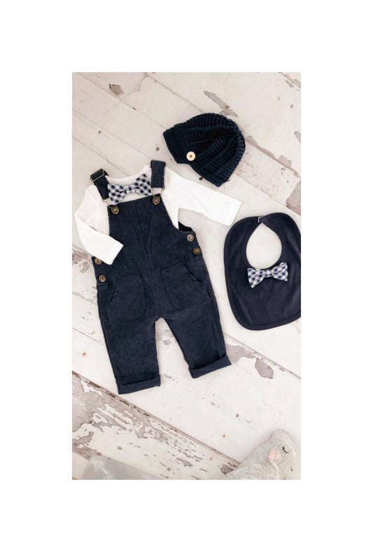 Christmas Holiday Baby Boy Navy Blue Corduroy Overalls with Gingham Bow Tie Bodysuit Baby Boy Coming Home Outfit 1st Birthday Newsboy Hat