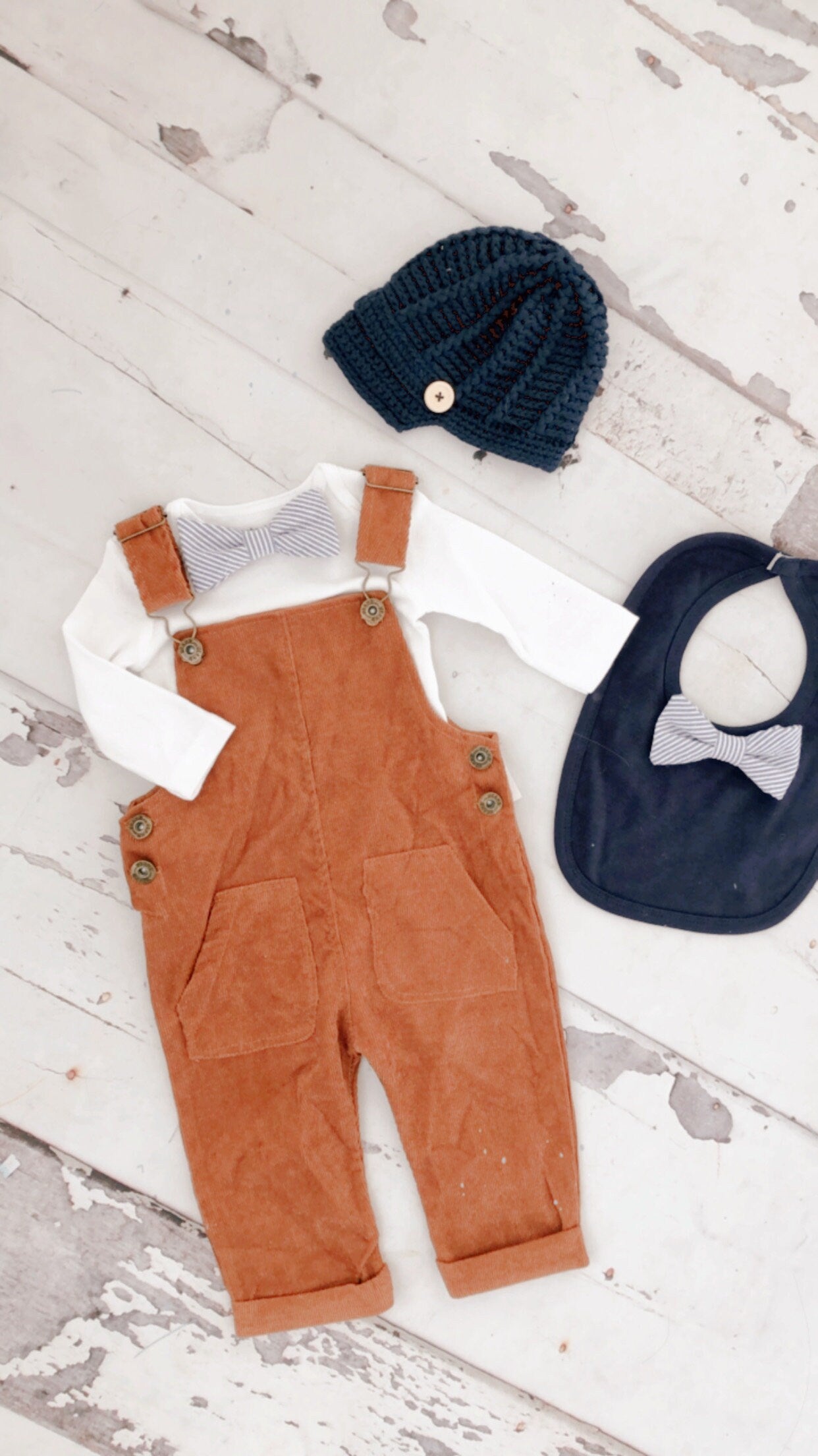 Thanksgiving Baby Boy Camel Corduroy Overalls & Seer Sucker BowTie Bodysuit 1st Birthday Newsboy Hat Pumpkin Spice Ginger Fall Autumn