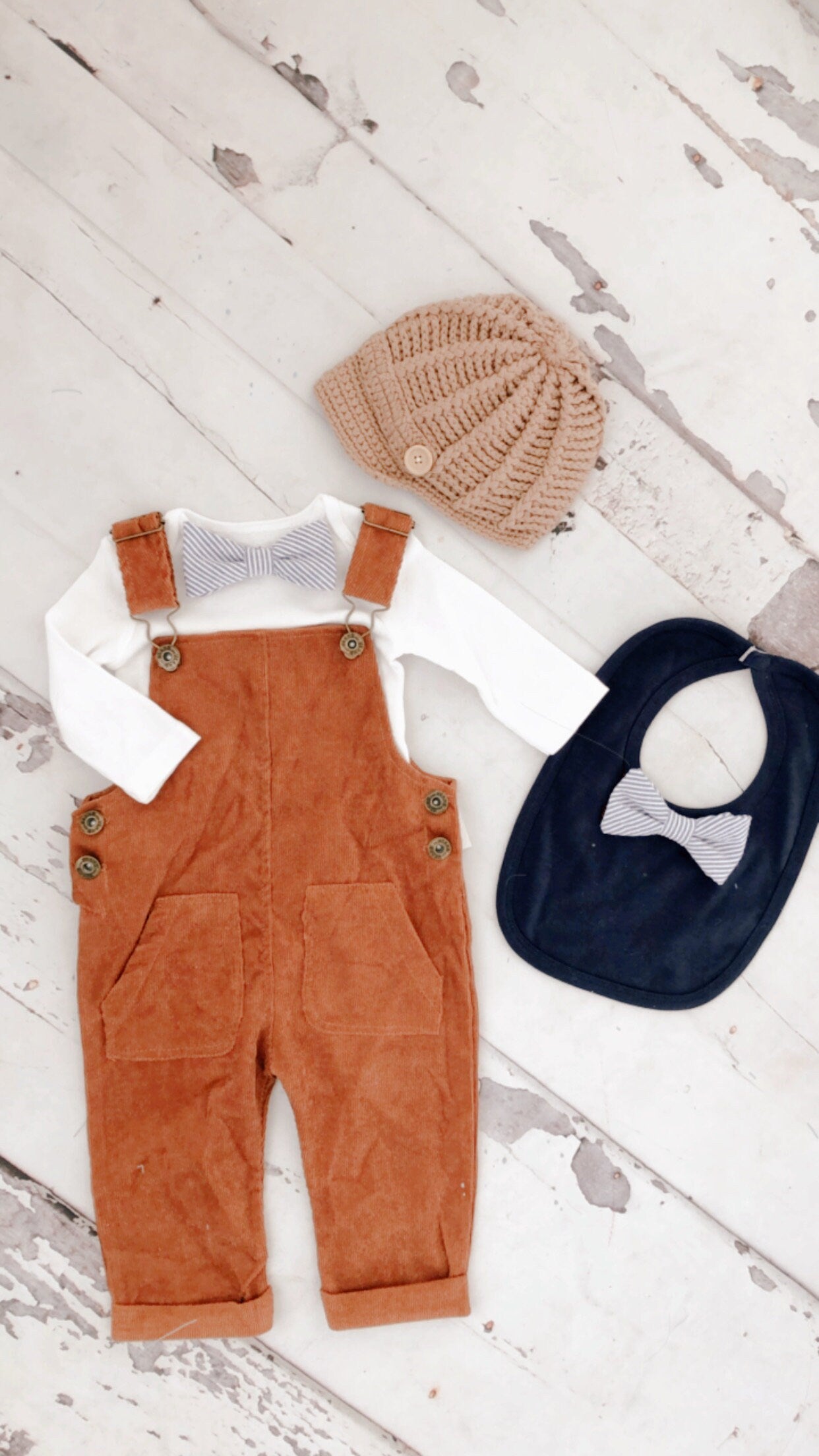 Thanksgiving Baby Boy Camel Corduroy Overalls & Seer Sucker BowTie Bodysuit 1st Birthday Newsboy Hat Pumpkin Spice Ginger Fall Autumn