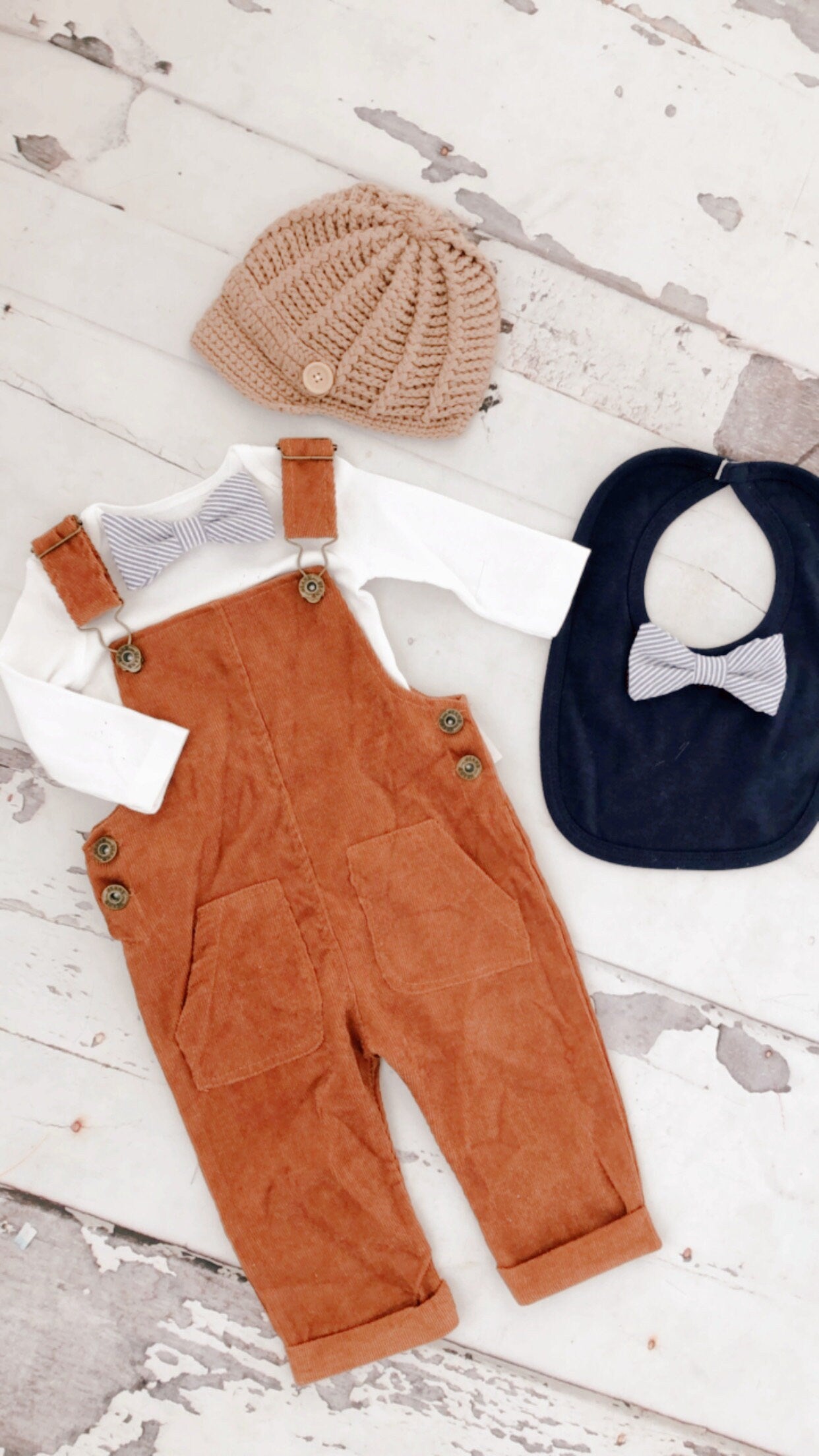 Thanksgiving Baby Boy Camel Corduroy Overalls & Seer Sucker BowTie Bodysuit 1st Birthday Newsboy Hat Pumpkin Spice Ginger Fall Autumn