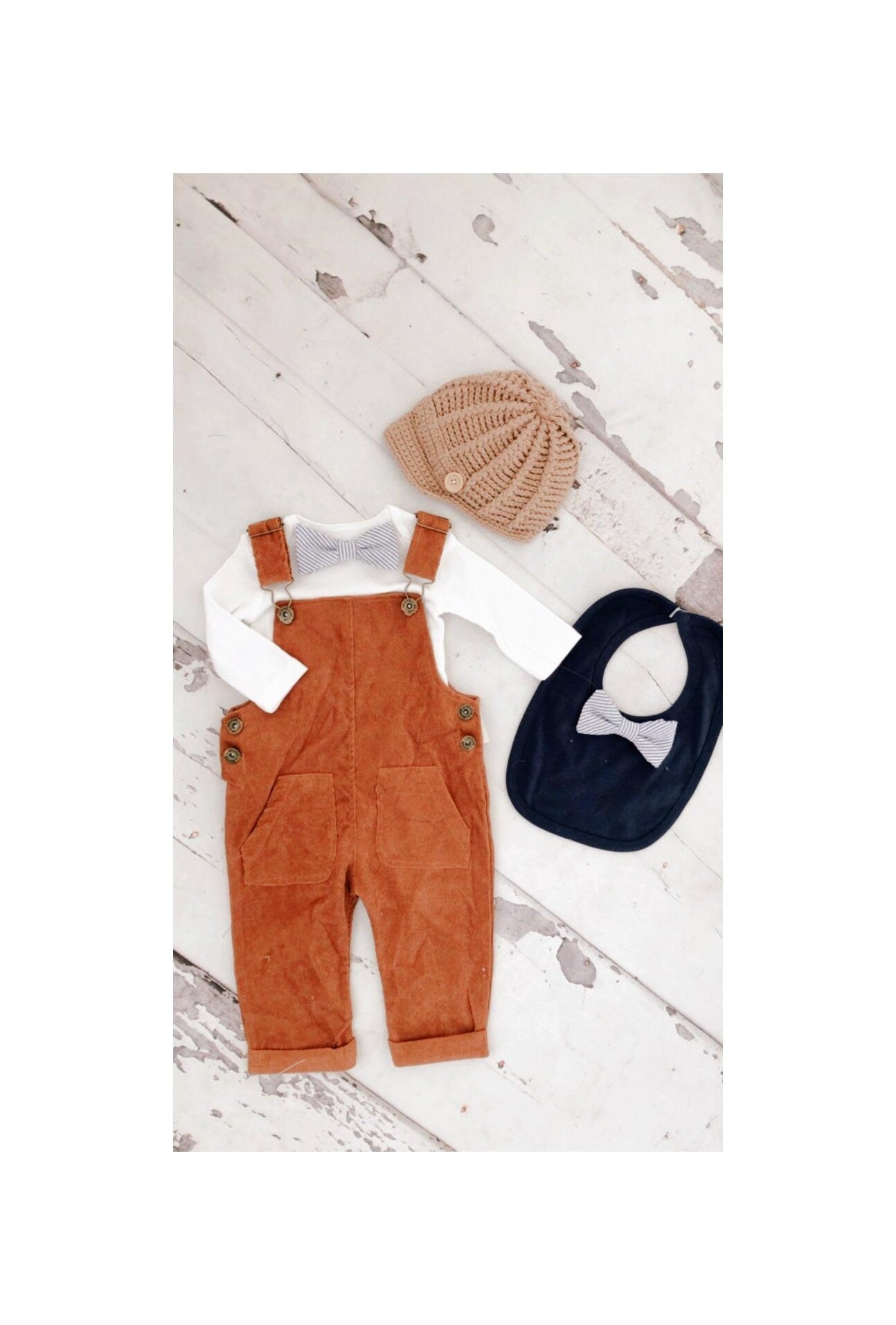 Thanksgiving Baby Boy Camel Corduroy Overalls & Seer Sucker BowTie Bodysuit 1st Birthday Newsboy Hat Pumpkin Spice Ginger Fall Autumn