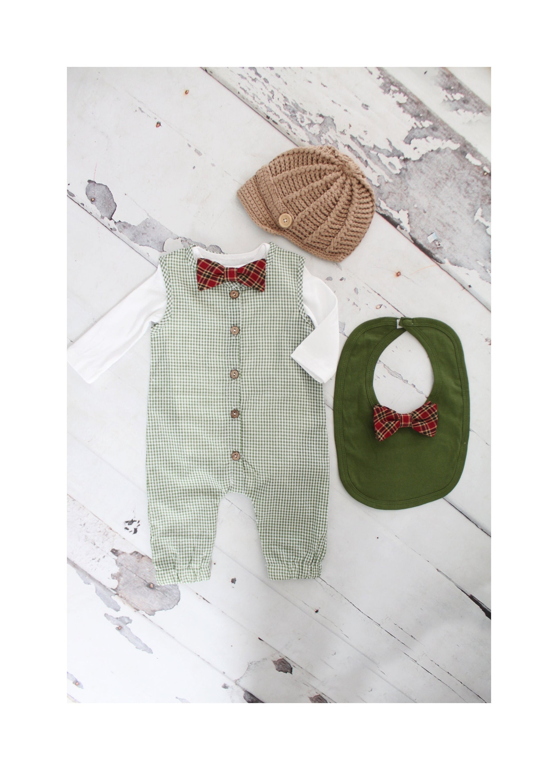 Christmas Holiday Baby Boy Green Gingham Jumpsuit Romper with Bow Tie Bodysuit Baby Boy Coming Home Outfit 1st Birthday Outfit Newsboy Hat