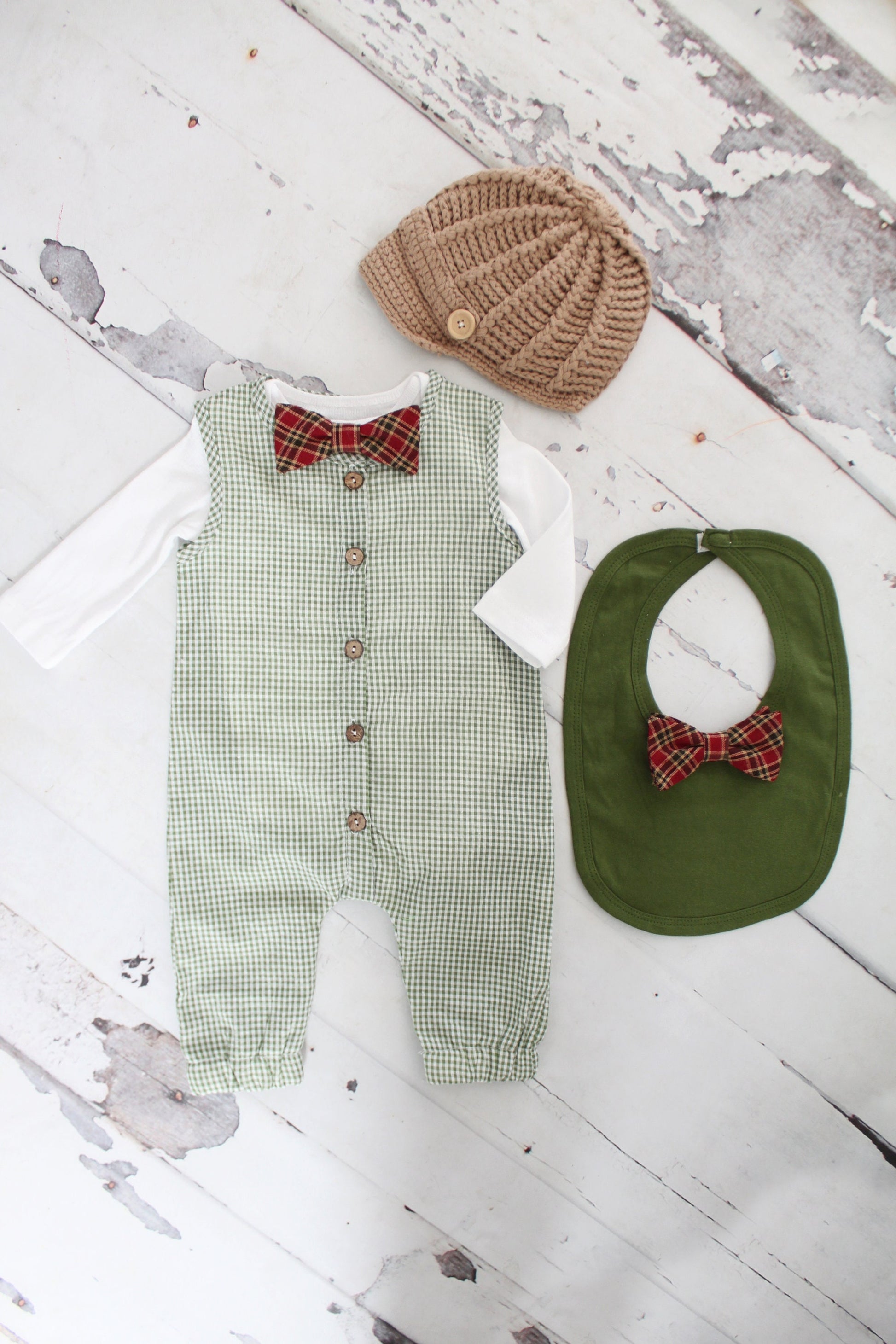 Christmas Holiday Baby Boy Green Gingham Jumpsuit Romper with Bow Tie Bodysuit Baby Boy Coming Home Outfit 1st Birthday Outfit Newsboy Hat