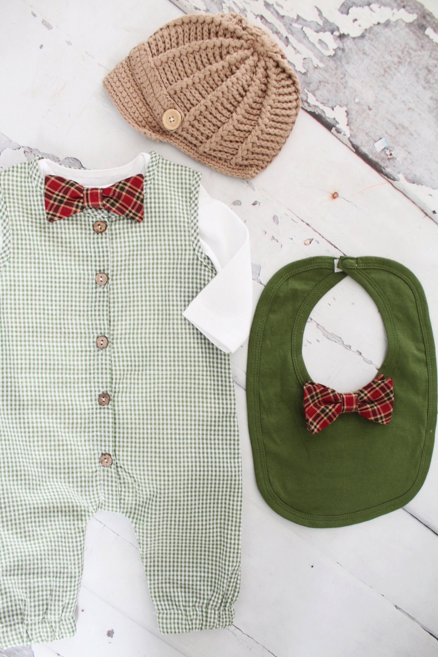 Christmas Holiday Baby Boy Green Gingham Jumpsuit Romper with Bow Tie Bodysuit Baby Boy Coming Home Outfit 1st Birthday Outfit Newsboy Hat