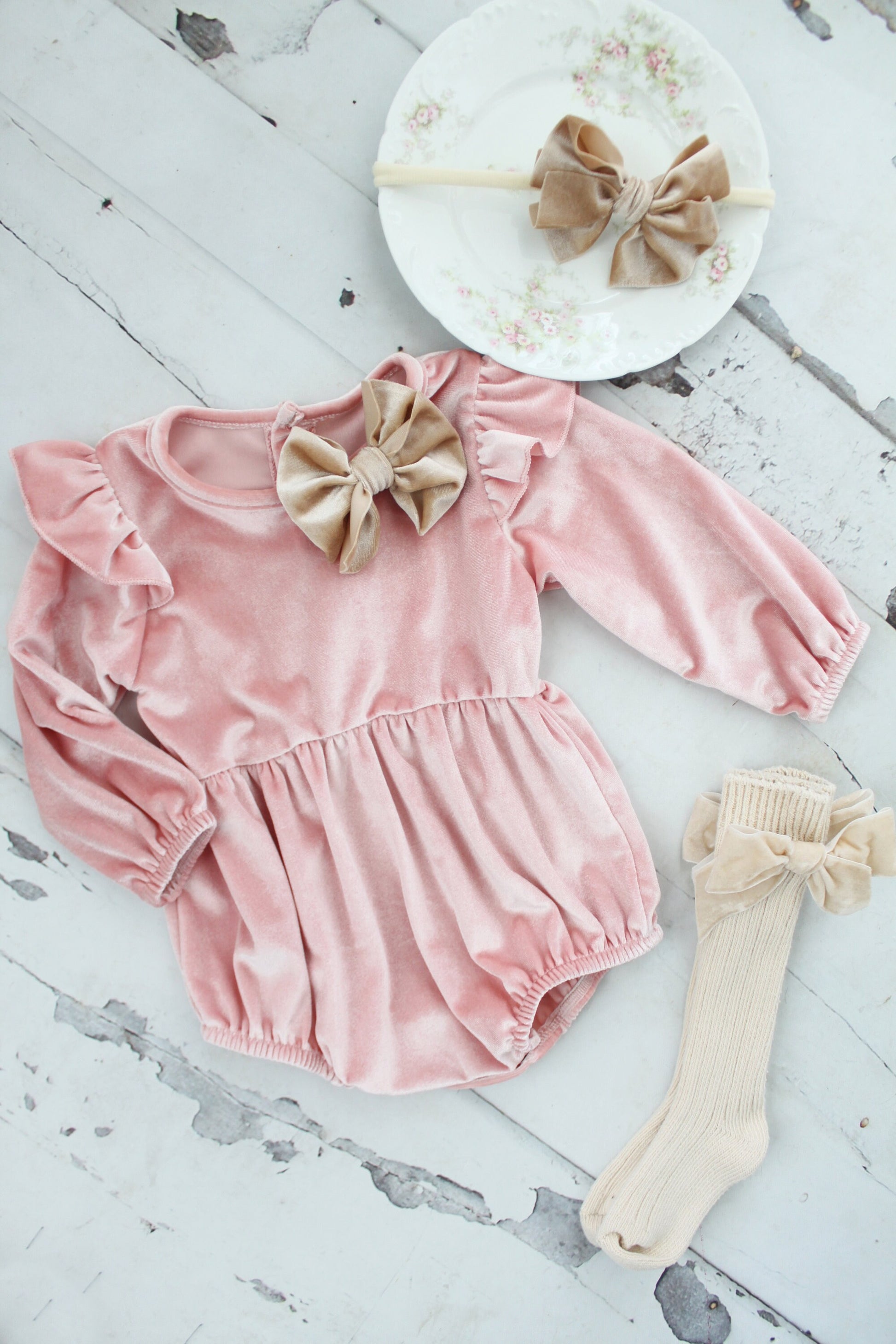 Baby Girl Pink Velvet Romper with Velvet Bow Clip, Headband, & Knee Bow So Christmas Holiday Thanksgiving Fall Outfit, Coming Home Outfit