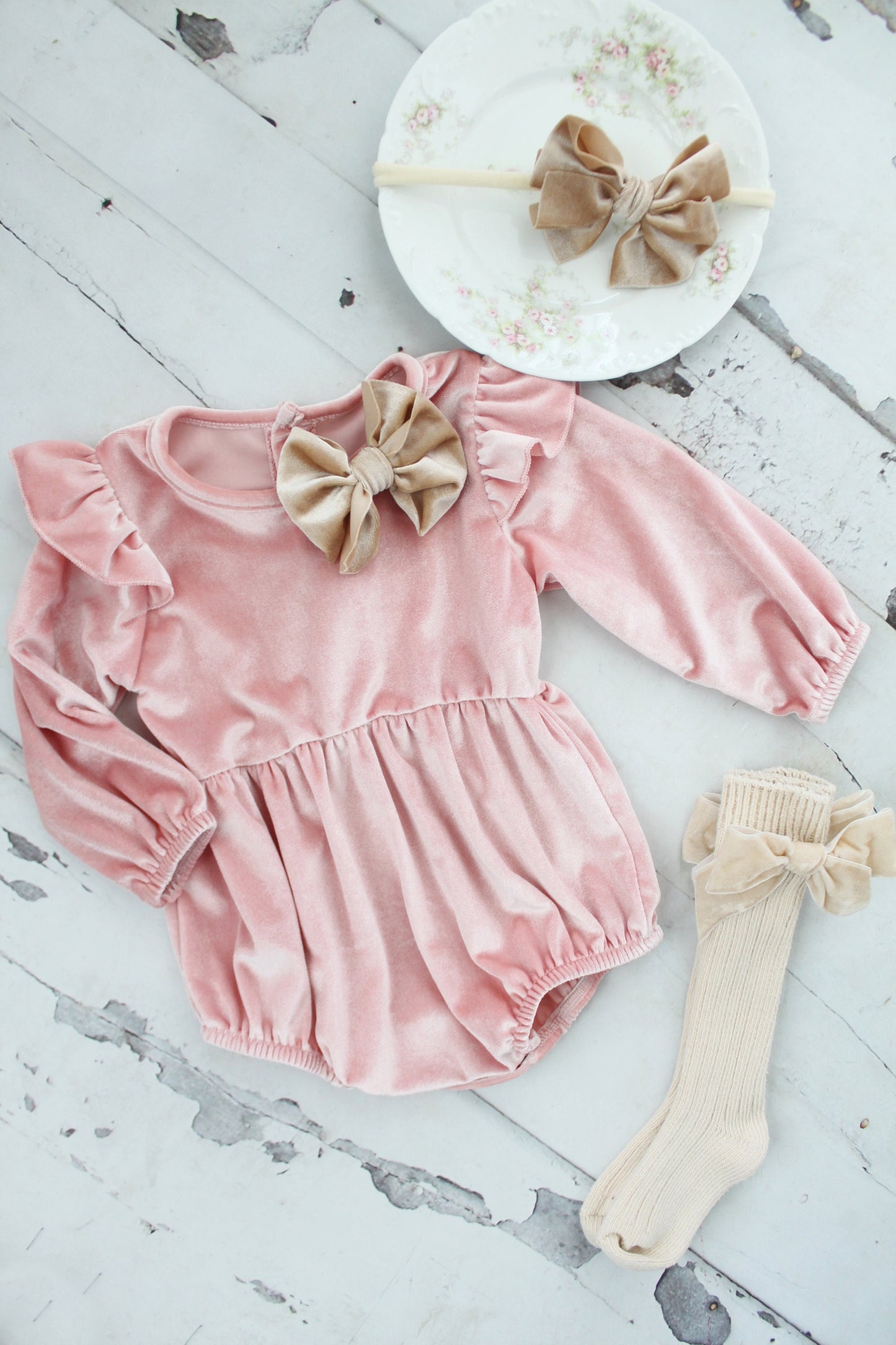 Baby Girl Christmas Holiday Hot Pink Velvet Romper with Velvet Bow Clip, Boho Baby, Thanksgiving Headband & Knee Socks Birthday Coming Home