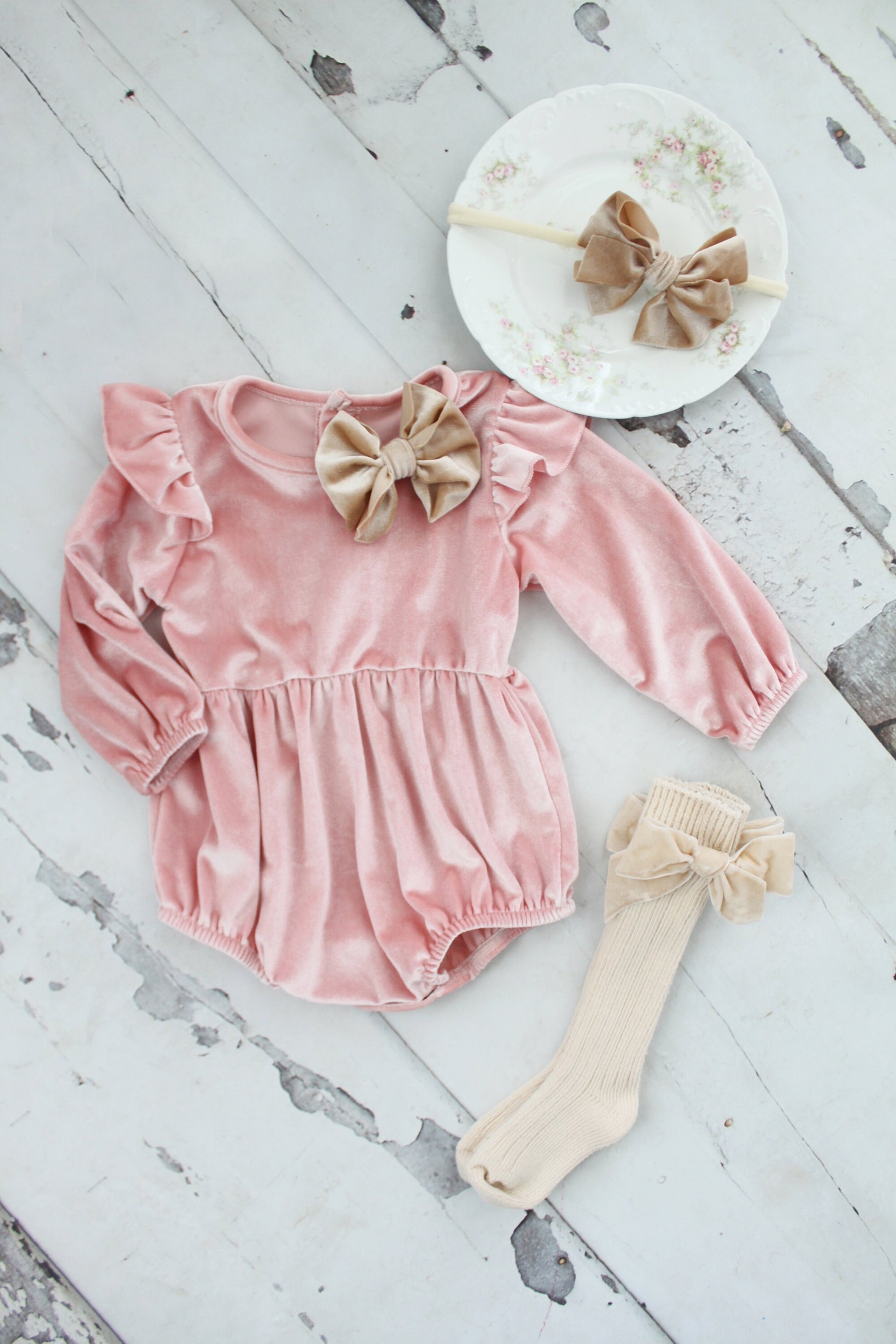 Baby Girl Pink Velvet Romper with Velvet Bow Clip, Headband, & Knee Bow So Christmas Holiday Thanksgiving Fall Outfit, Coming Home Outfit