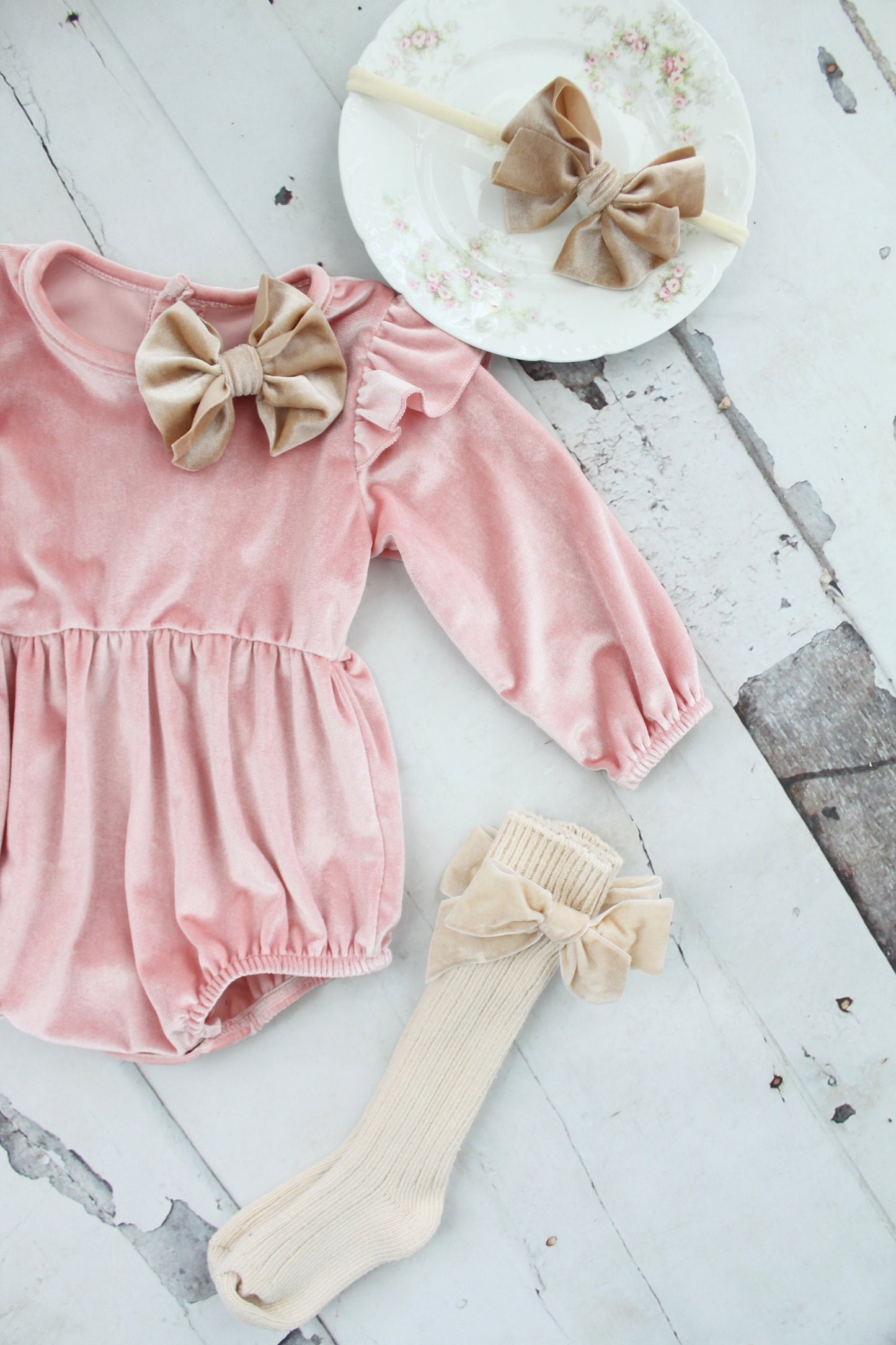 Baby Girl Christmas Holiday Hot Pink Velvet Romper with Velvet Bow Clip, Boho Baby, Thanksgiving Headband & Knee Socks Birthday Coming Home