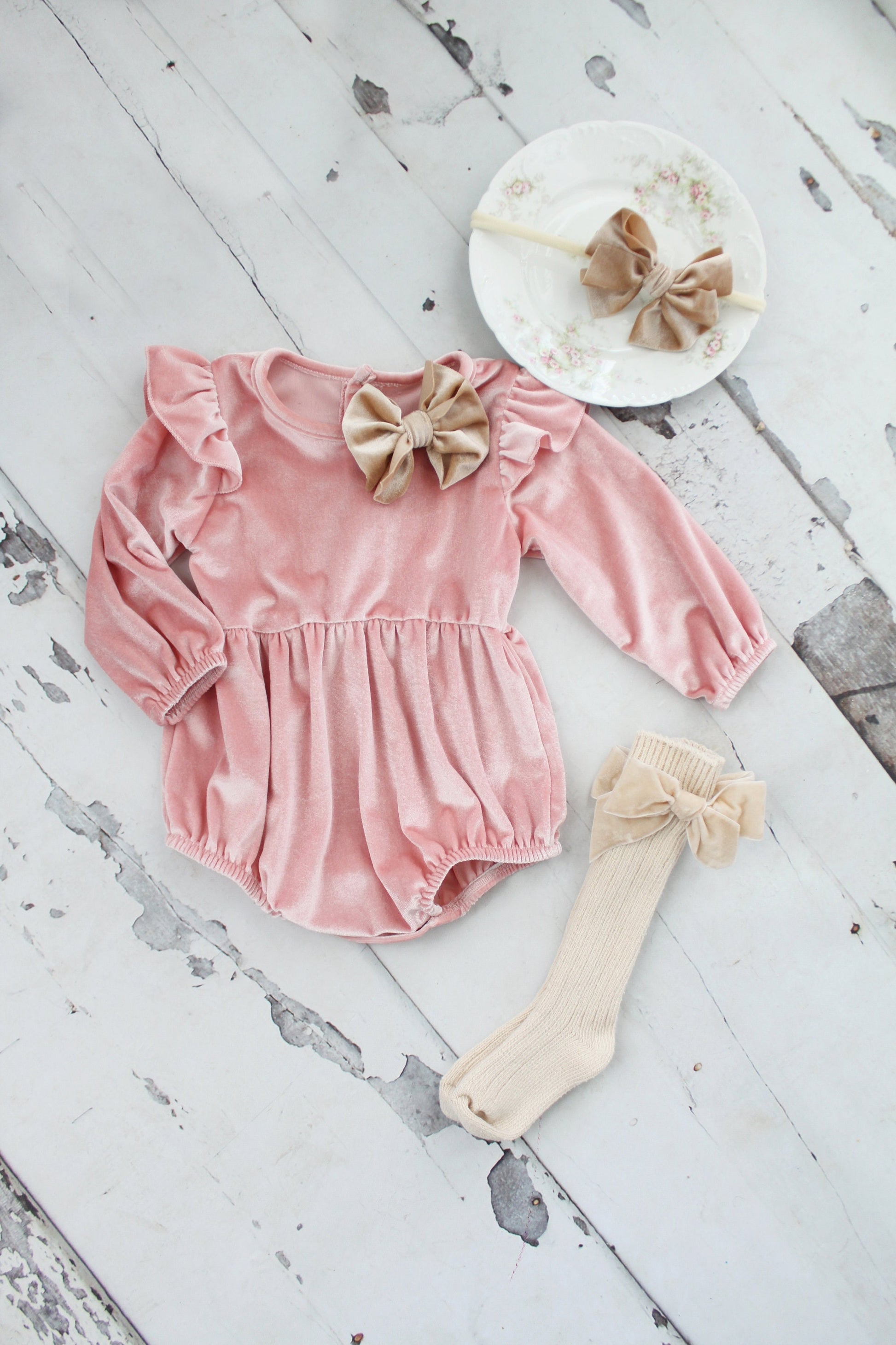 Baby Girl Christmas Holiday Hot Pink Velvet Romper with Velvet Bow Clip, Boho Baby, Thanksgiving Headband & Knee Socks Birthday Coming Home