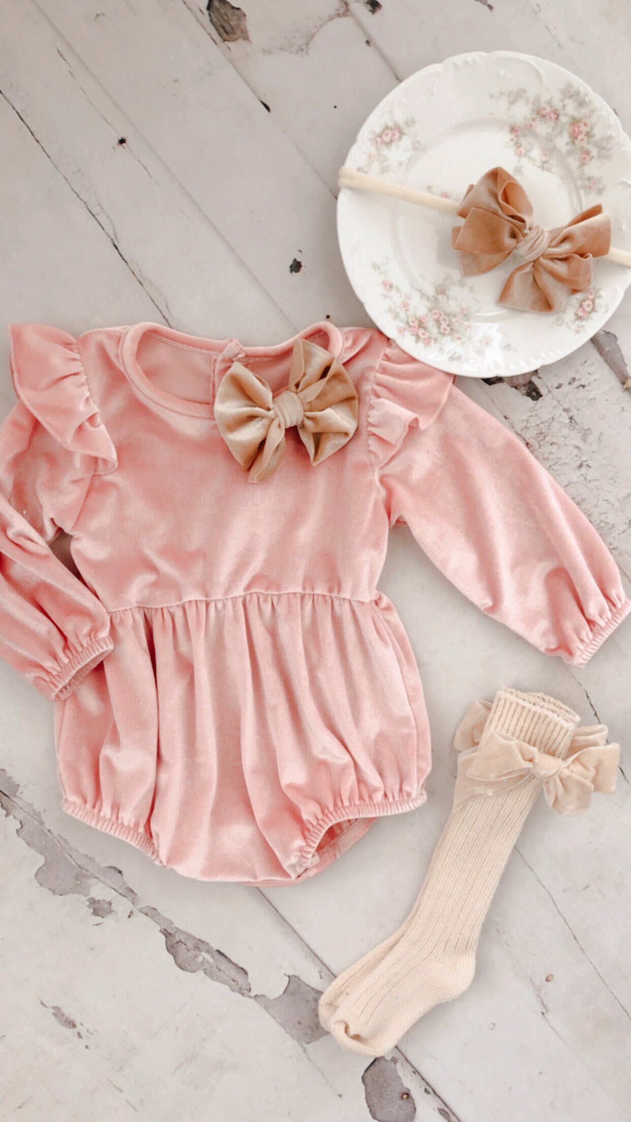 Baby Girl Pink Velvet Romper with Velvet Bow Clip, Headband, & Knee Bow So Christmas Holiday Thanksgiving Fall Outfit, Coming Home Outfit