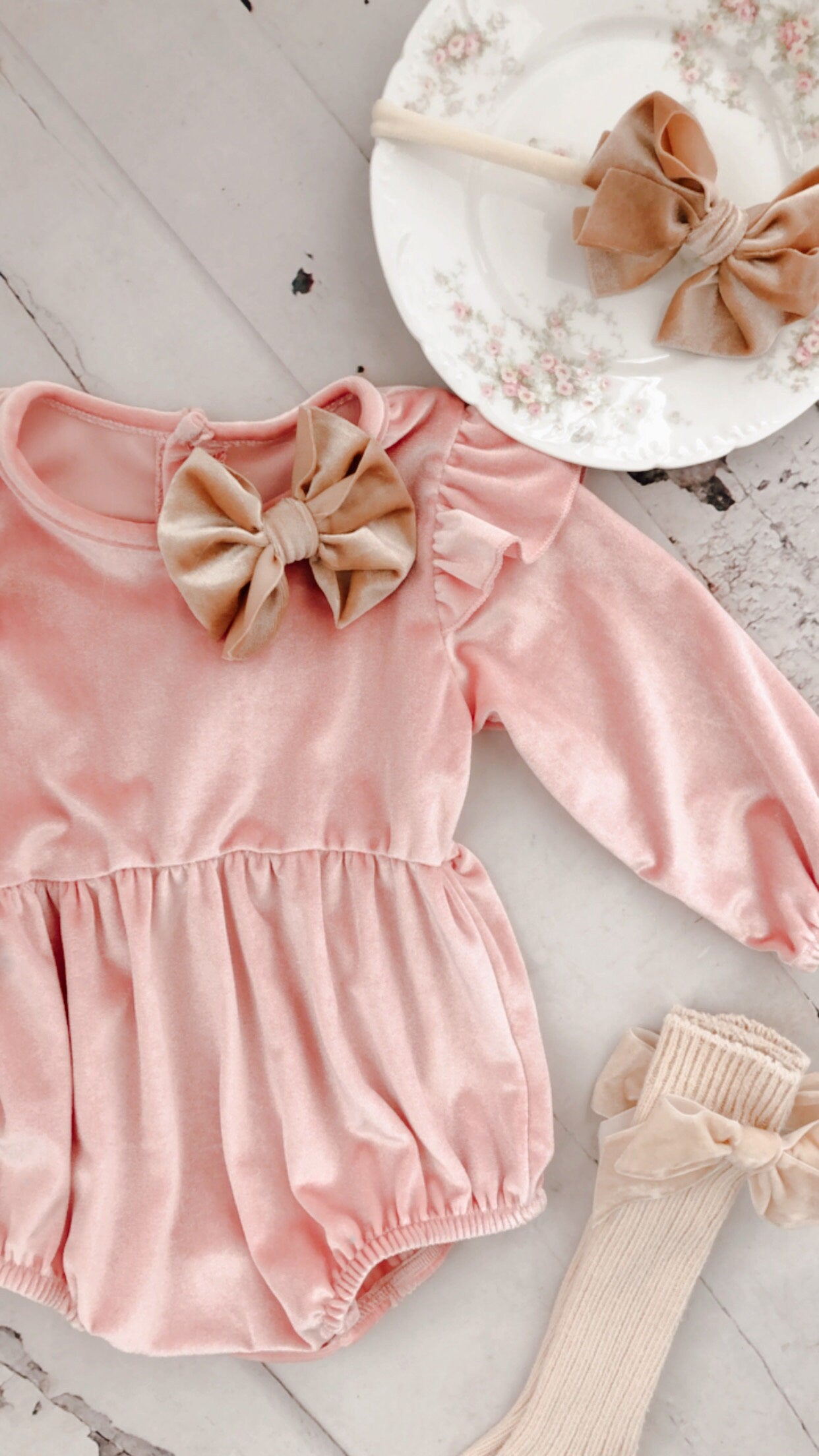 Baby Girl Pink Velvet Romper with Velvet Bow Clip, Headband, & Knee Bow So Christmas Holiday Thanksgiving Fall Outfit, Coming Home Outfit