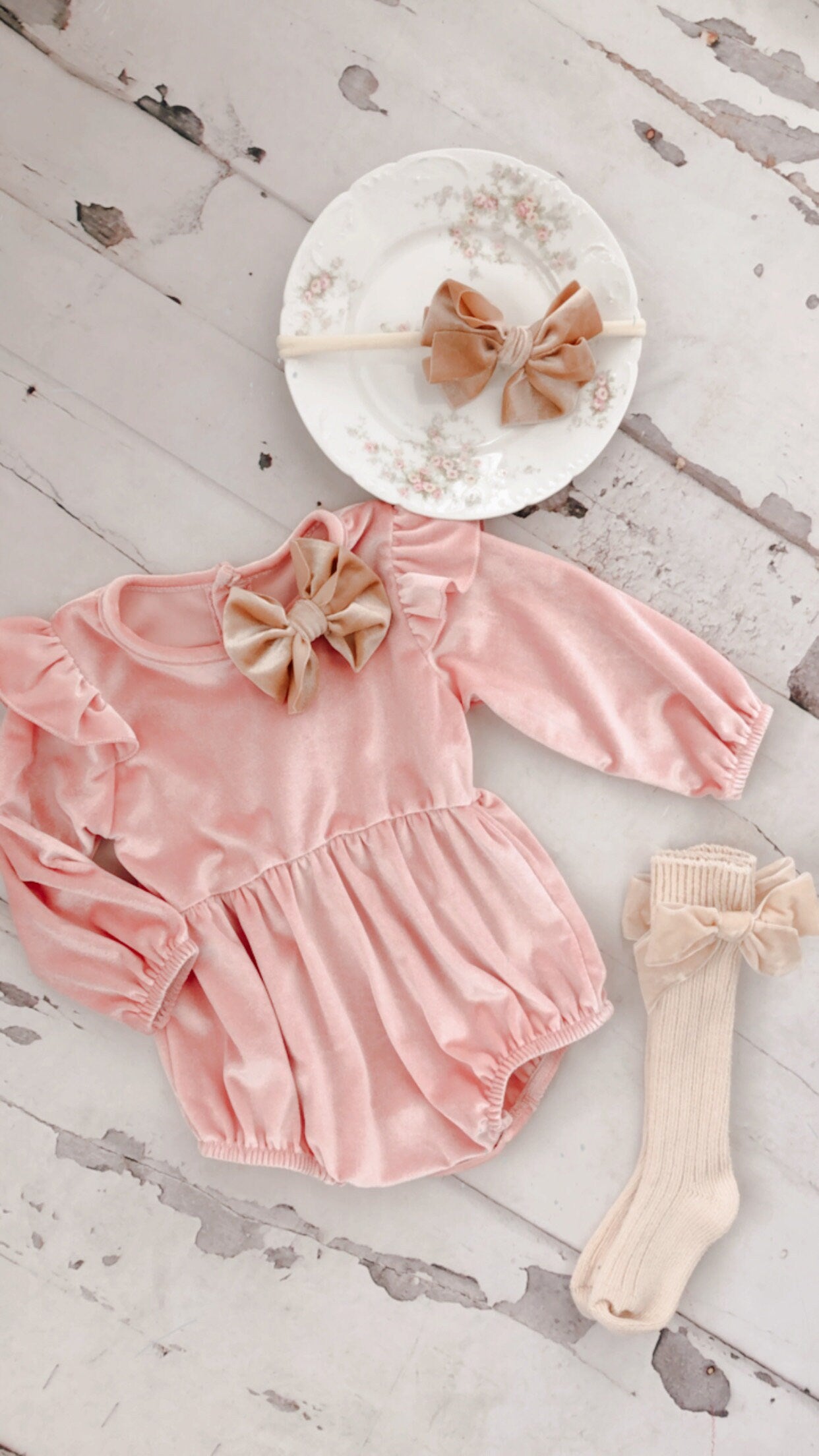 Baby Girl Pink Velvet Romper with Velvet Bow Clip, Headband, & Knee Bow So Christmas Holiday Thanksgiving Fall Outfit, Coming Home Outfit