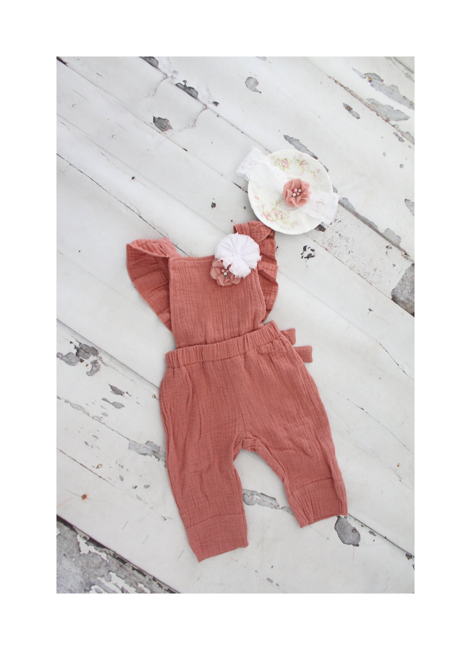 Summer Boho Jumpsuit Overalls w Flower Clip & Headband. Newborn Baby Girl 1st Birthday Outfit, Photo Prop, Coming Home Outfit, Girls 3t