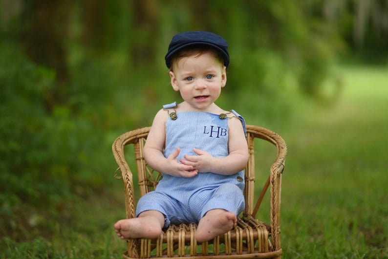 Easter, Summer Baby Boy Overalls Romper w Monogram or Name. Seersucker Newborn Baby Boy Coming Home Outfit 1st Birthday Newsboy Hat Jumper