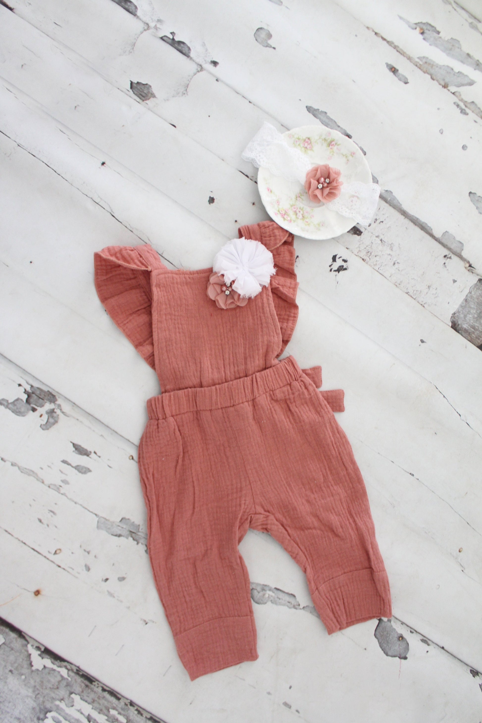 Summer Boho Jumpsuit Overalls w Flower Clip & Headband. Newborn Baby Girl 1st Birthday Outfit, Photo Prop, Coming Home Outfit, Girls 3t