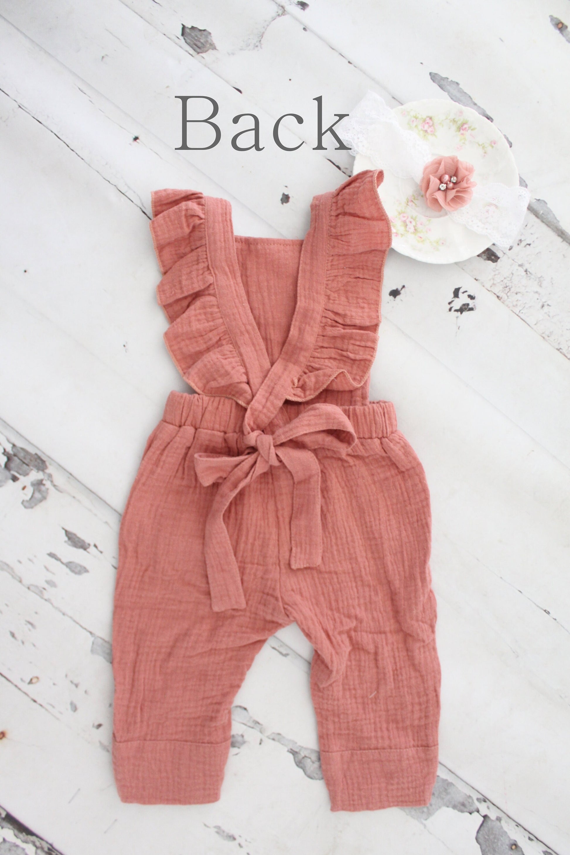 Summer Boho Jumpsuit Overalls w Flower Clip & Headband. Newborn Baby Girl 1st Birthday Outfit, Photo Prop, Coming Home Outfit, Girls 3t