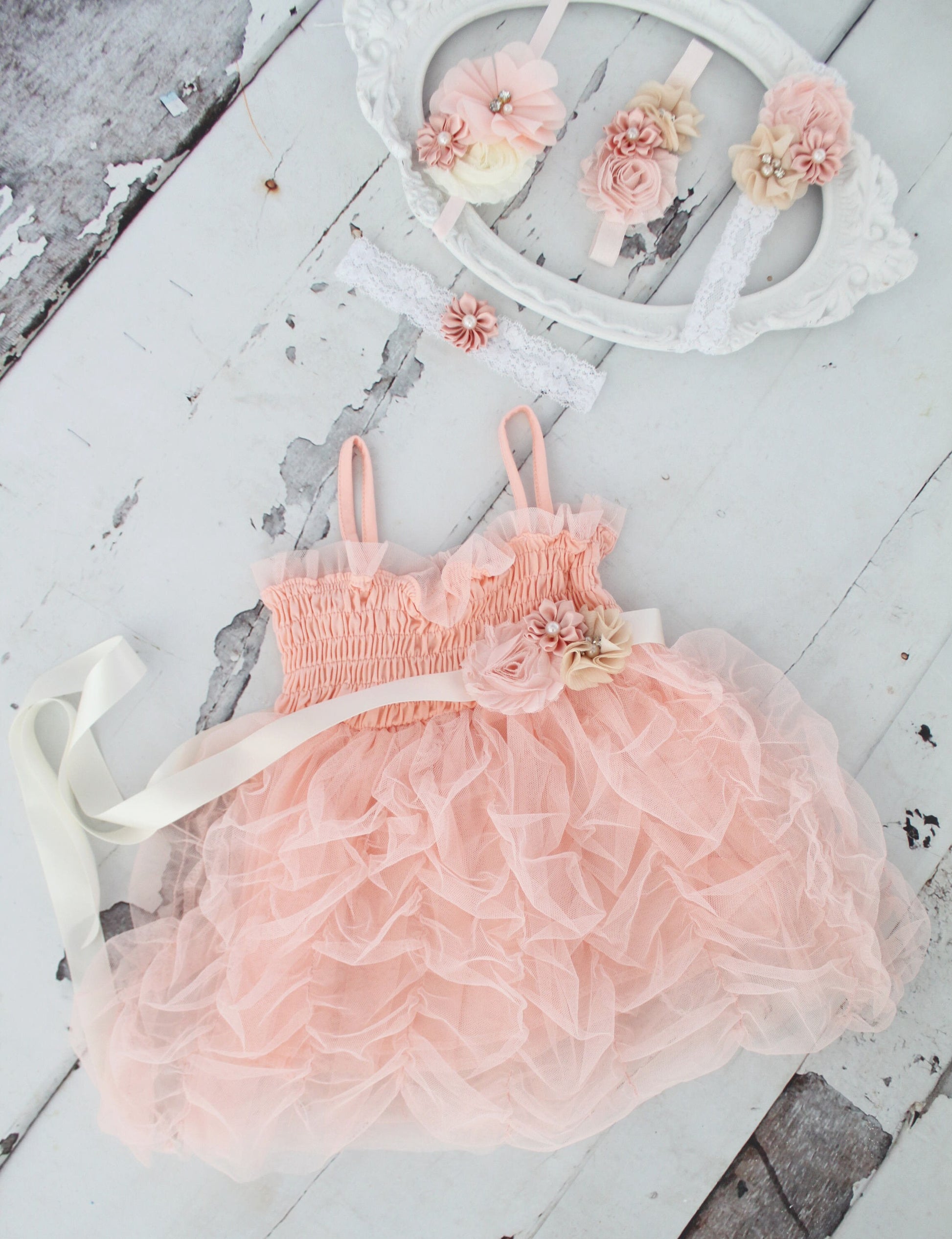 Valentine's Day Boho Baby Girl Sweet Rouched Blush Pink Tutu Tulle Dress & Lace Rose Headband. Ruffles, Smocked, Pettiskirt Easter dress