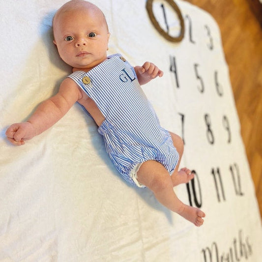 Summer Baby Boy Romper with Monogram or Name. Linen like or Seersucker Newborn Baby Boy Coming Home Outfit, 1st Birthday Outfit Newsboy Hat