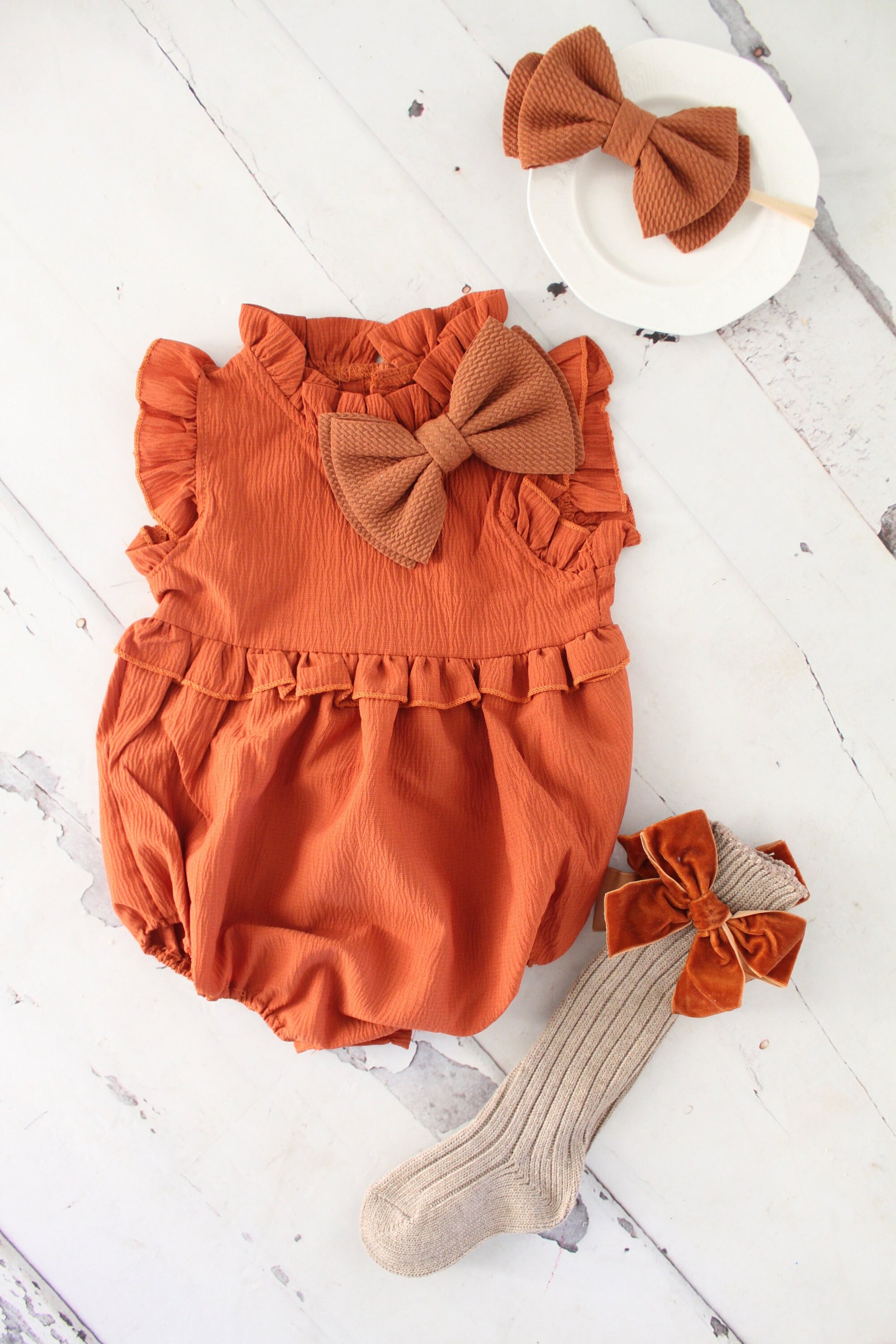 Boho Chic Fall Pumpkin Spice Baby Girl's Romper, Girl Fall Outfit, Rustic Pumpkin Baby Romper Girl Outfit, 1st Birthday, Fall Outfit Ginger