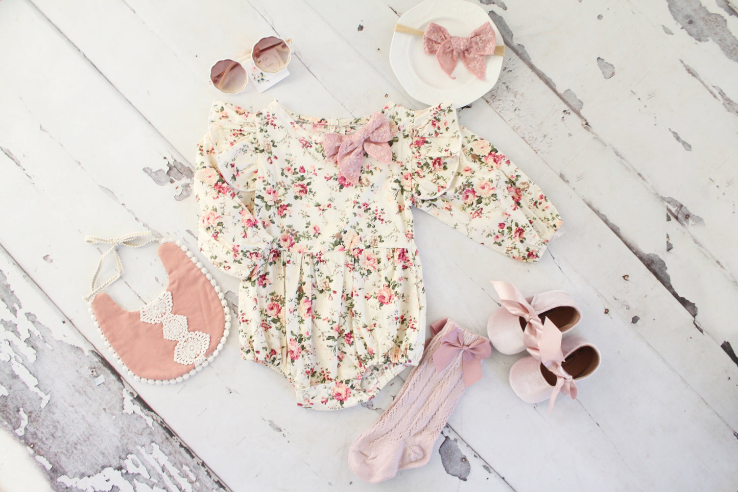 Baby Girl Holiday Boho Floral Romper Outfit, Ruffle Pants, Eyelet Lace Bow Headband Bow Socks Boho Chic 1st Birthday Christmas Thanksgiving