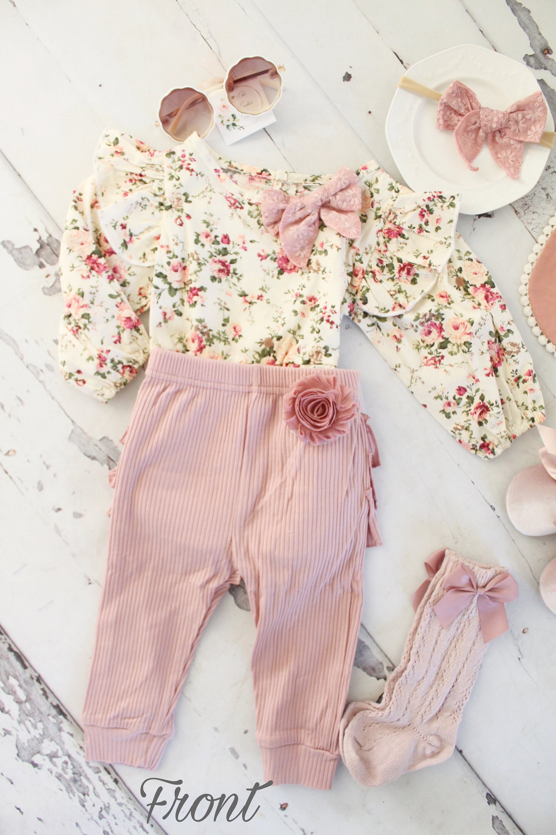 Baby Girl Holiday Boho Floral Romper Outfit, Ruffle Pants, Eyelet Lace Bow Headband Bow Socks Boho Chic 1st Birthday Christmas Thanksgiving